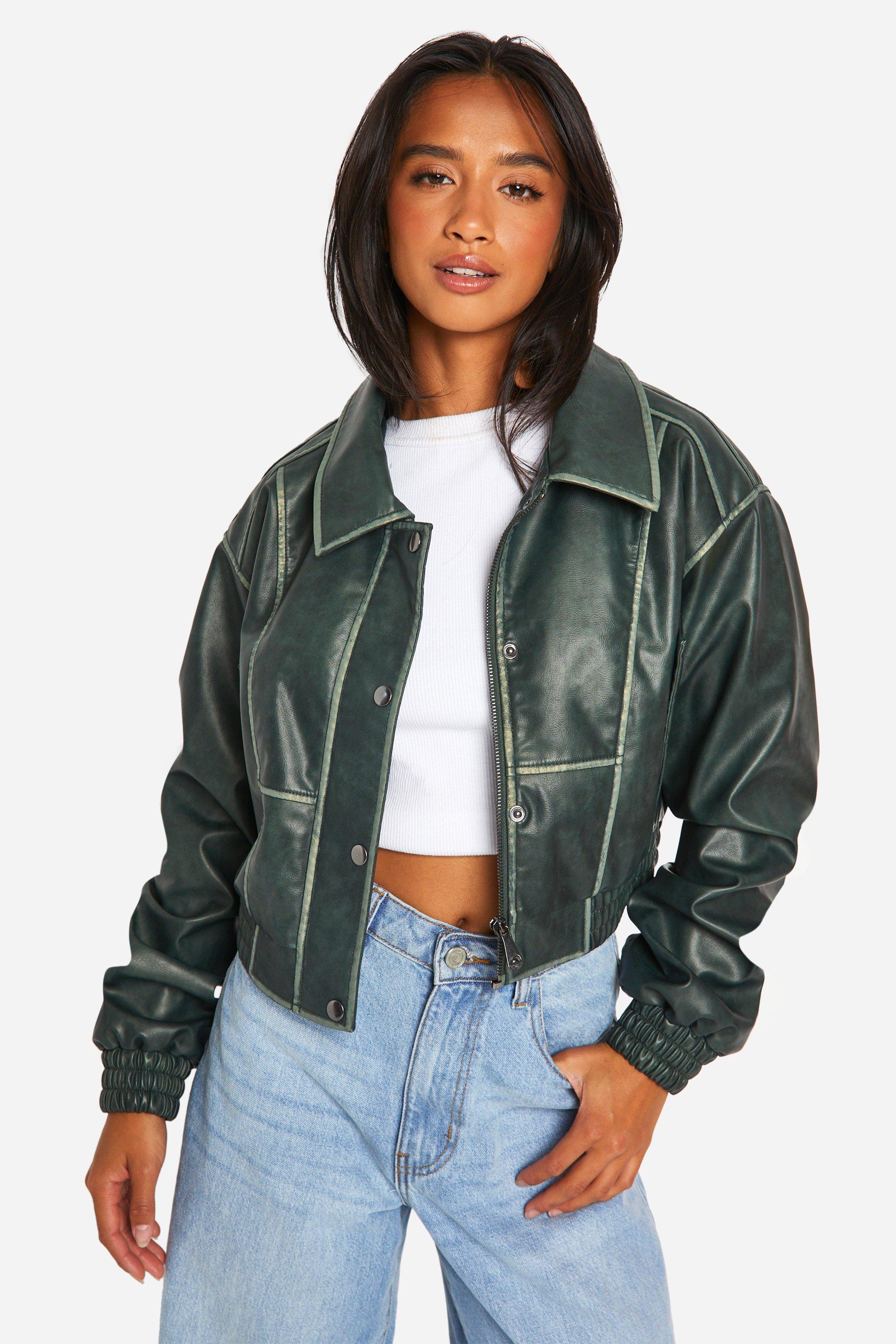 Womens Petite Vintage Look Faux Leather Jacket - Green - 16, Green