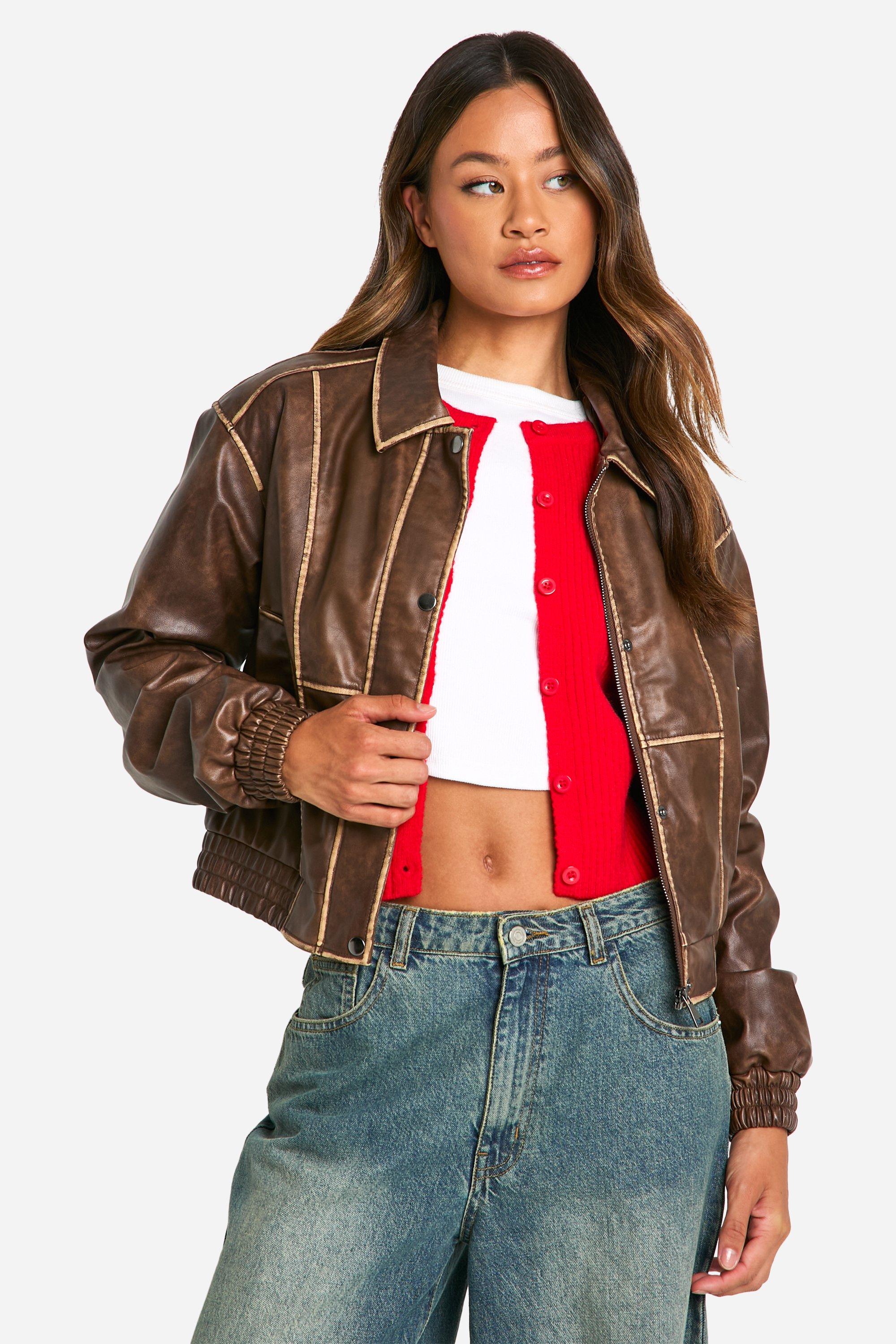 Womens Tall Vintage Look Faux Leather Jacket - Brown - 18, Brown