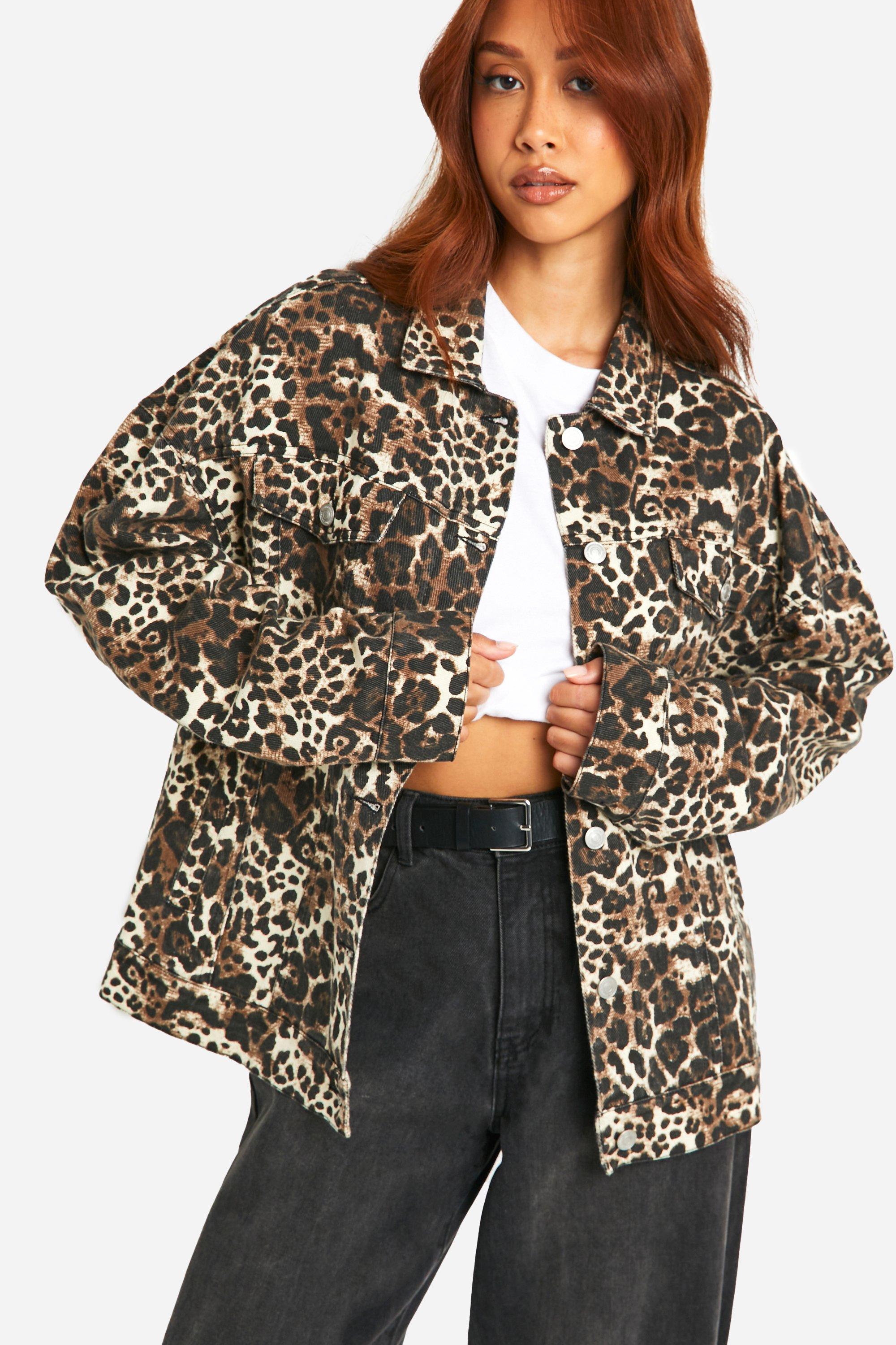 Womens Leopard Print Denim Jacket - Multi - 8, Multi