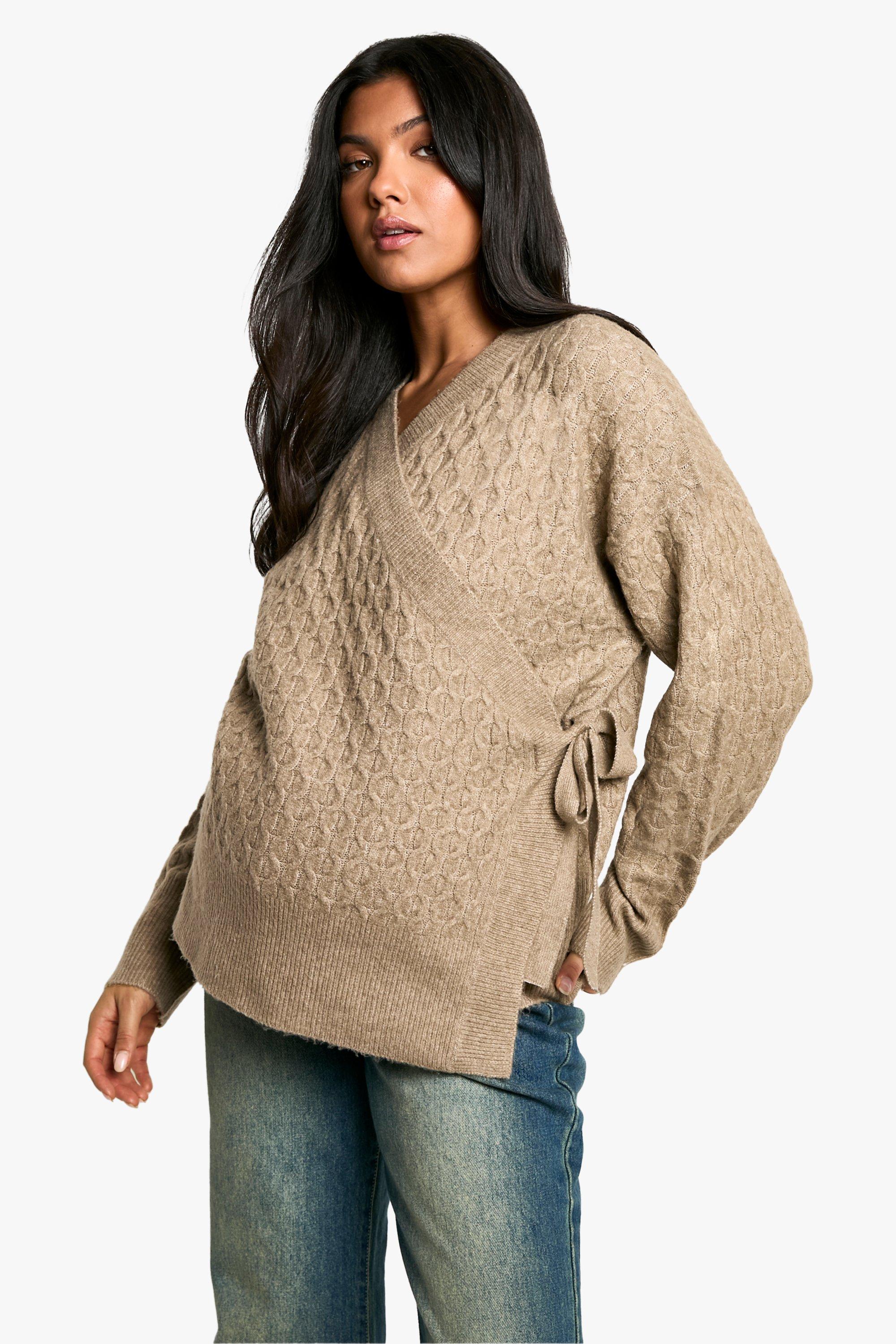 Boohoo Zwangerschap Zachte Grof Gebreide Wikkel Cardigan, Mocha