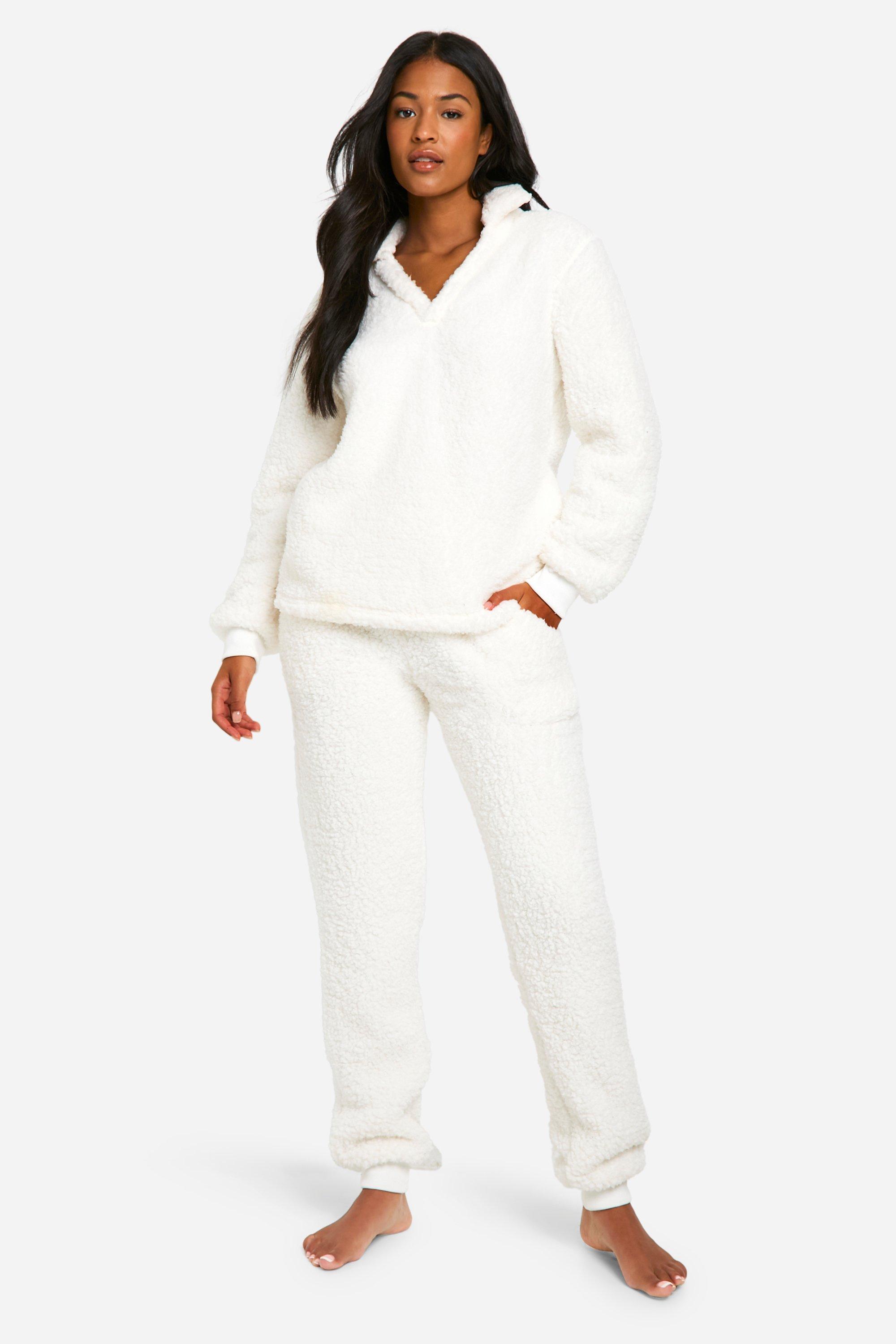 Womens Tall Fluffy Fleece Collared Sweat And Jogger Set - White - 8, White