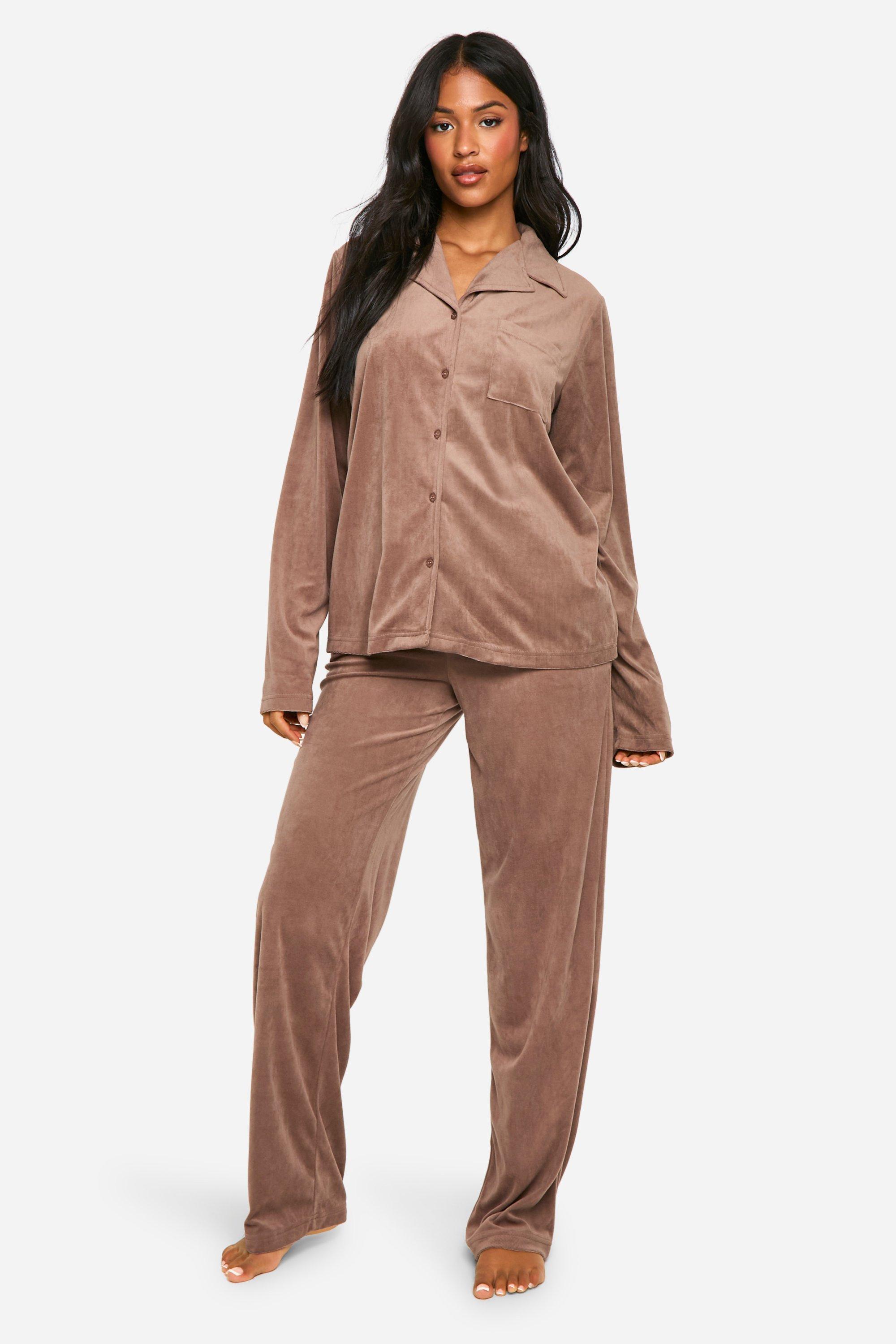 Womens Tall Velour Fleece Button Up Pj Set - Brown - 16, Brown