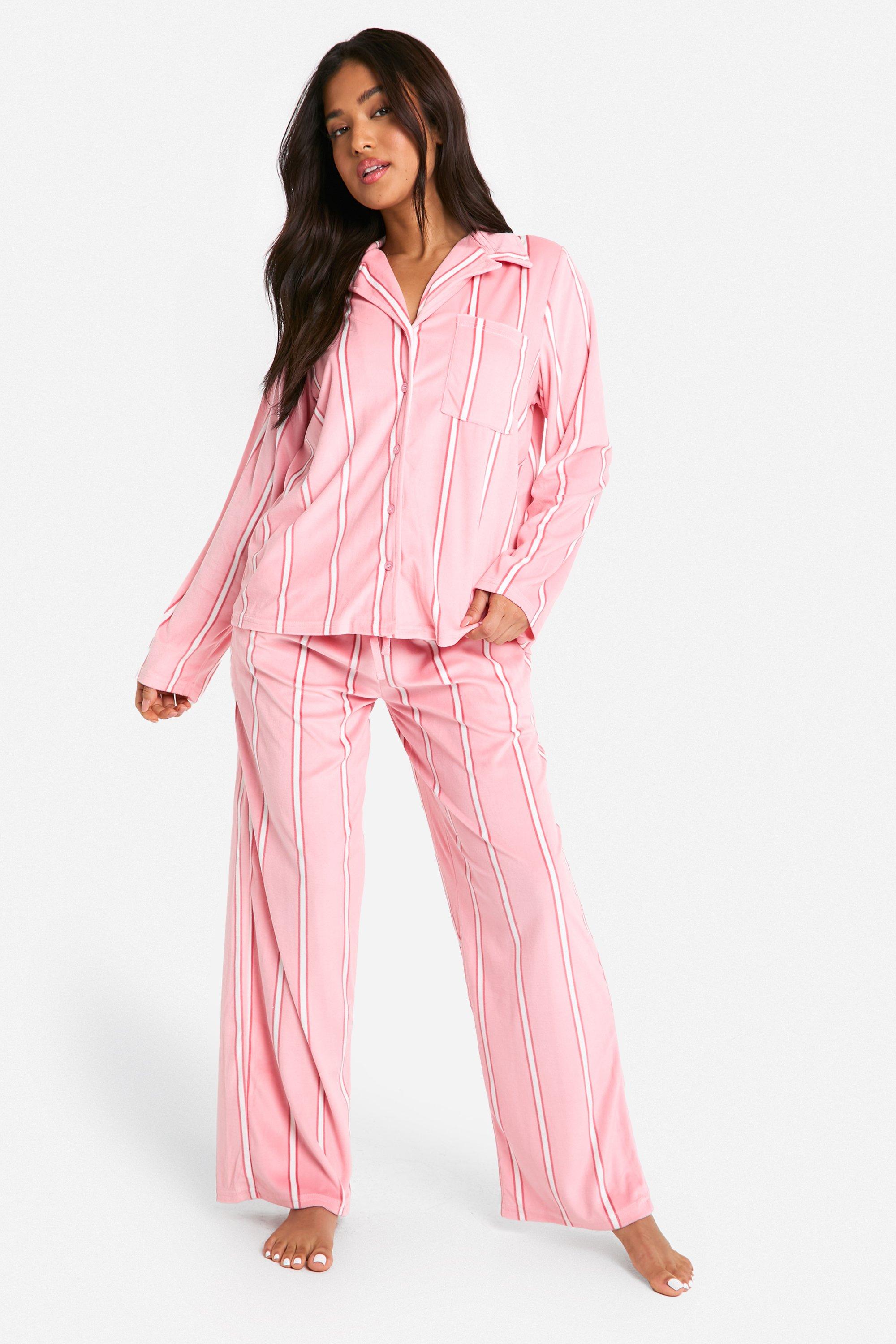 Womens Petite Pink Stripe Fleece Pyjama Set - 6, Pink