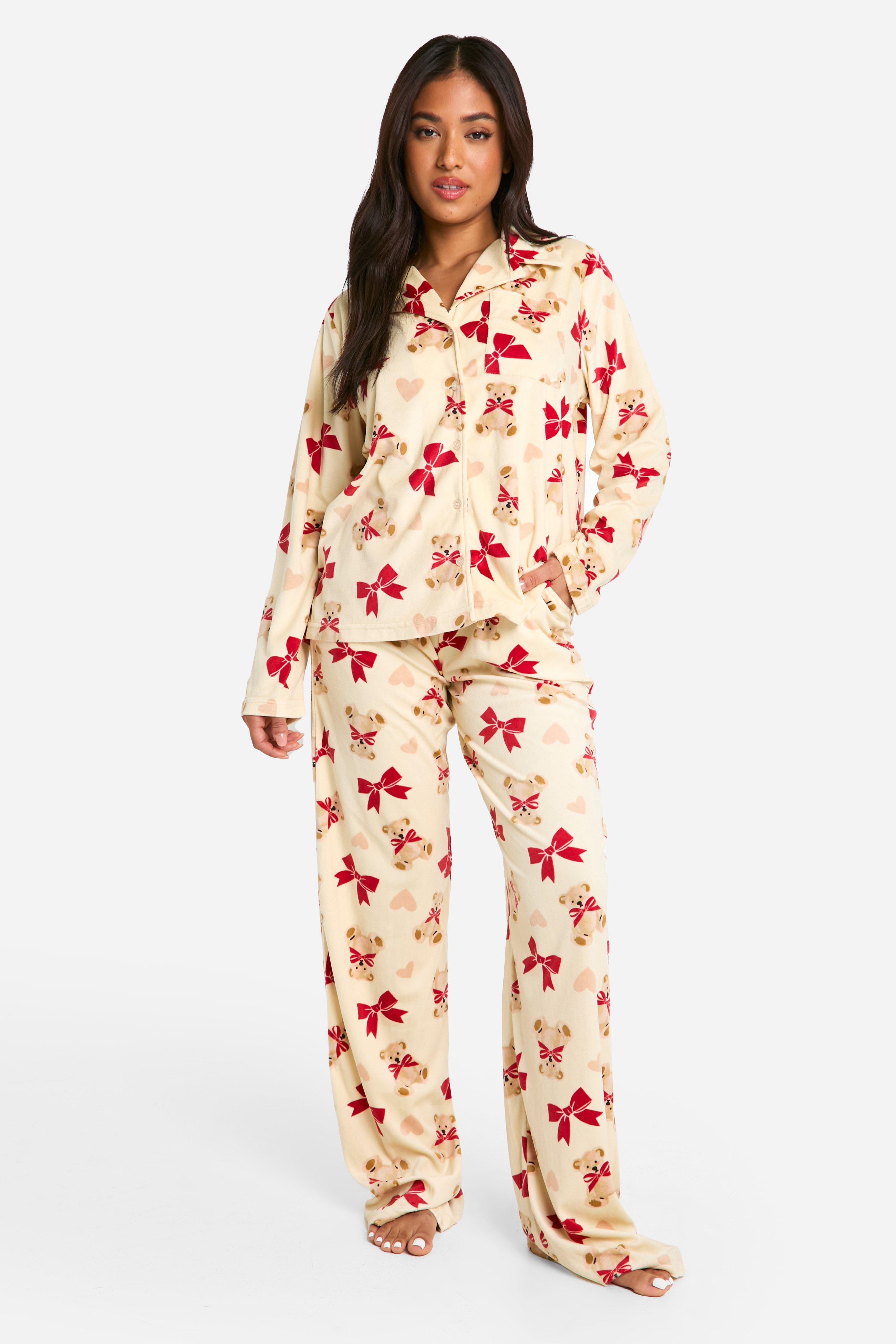 Womens Petite Bear And Bow Print Fleece Pyjama Set - Brown - 10, Brown