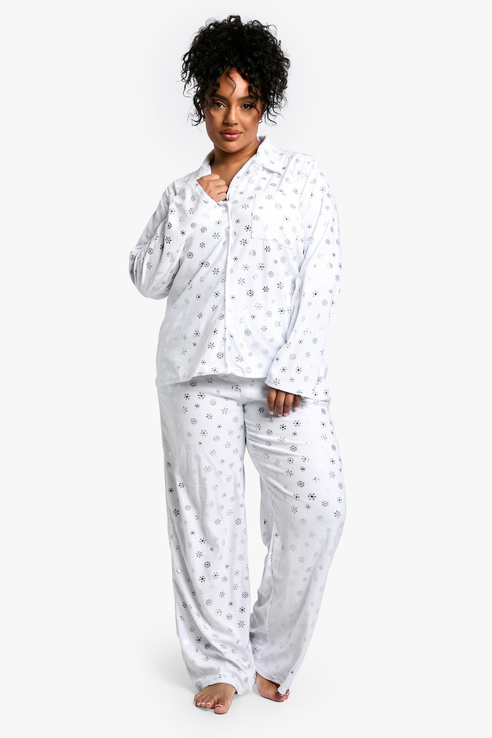 Womens Plus Metallic Snowflake Fleece Pyjama Set - White - 18, White