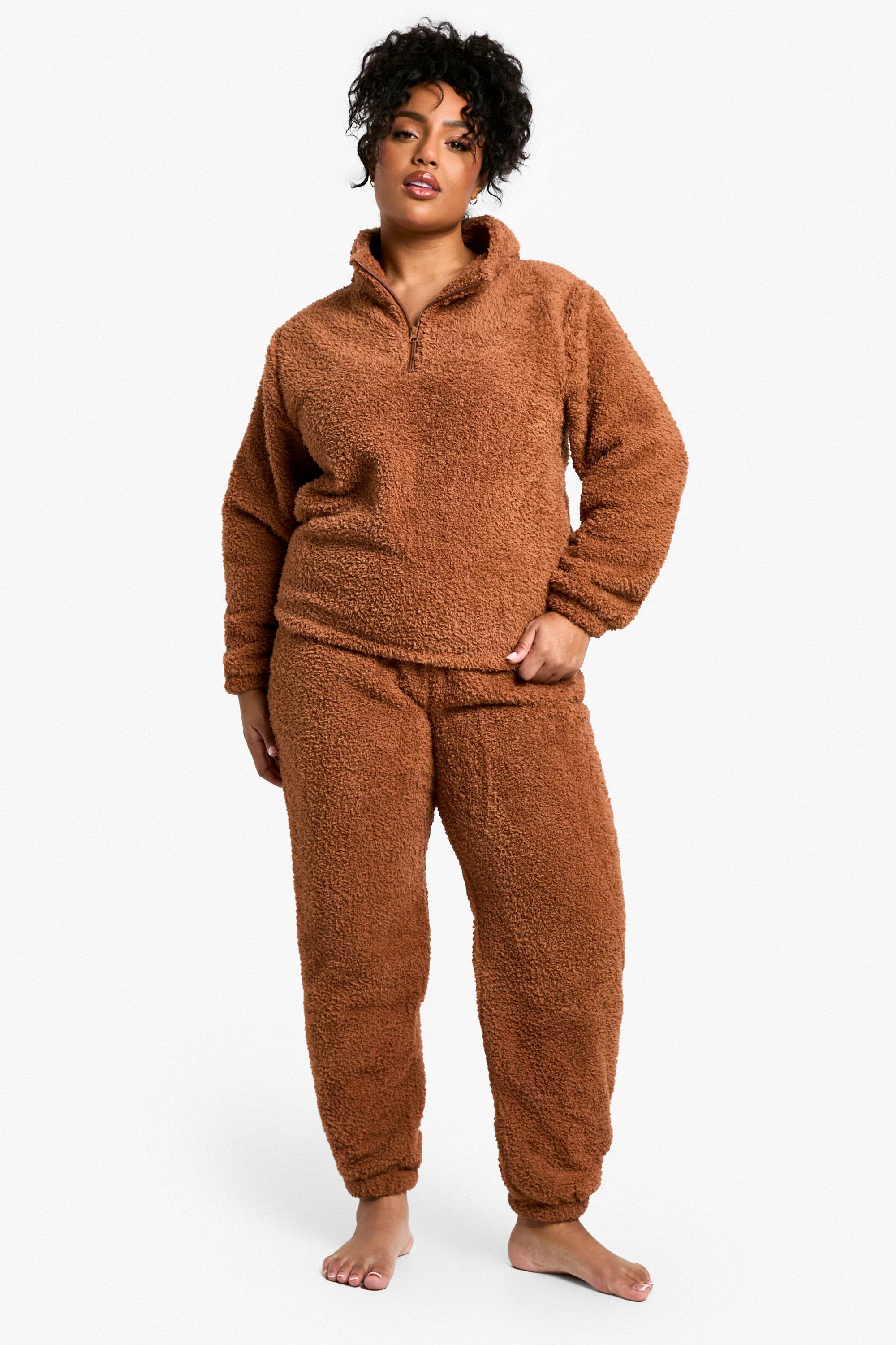 Womens Plus Boucle Fleece Zip Sweat And Jogger Set - Brown - 26, Brown