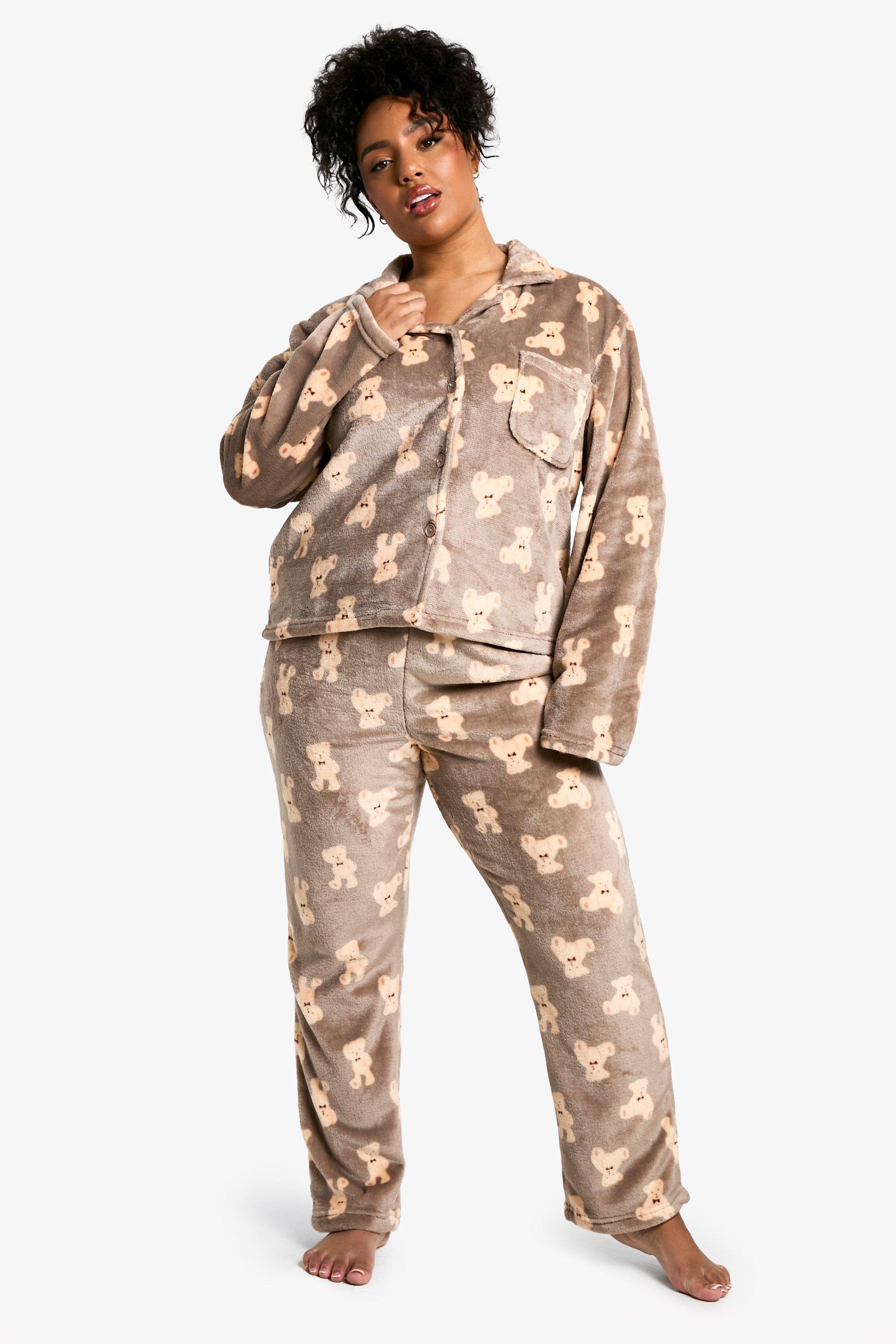 Womens Plus Bear Fleece Button Front Pyjama Set - Brown - 16, Brown