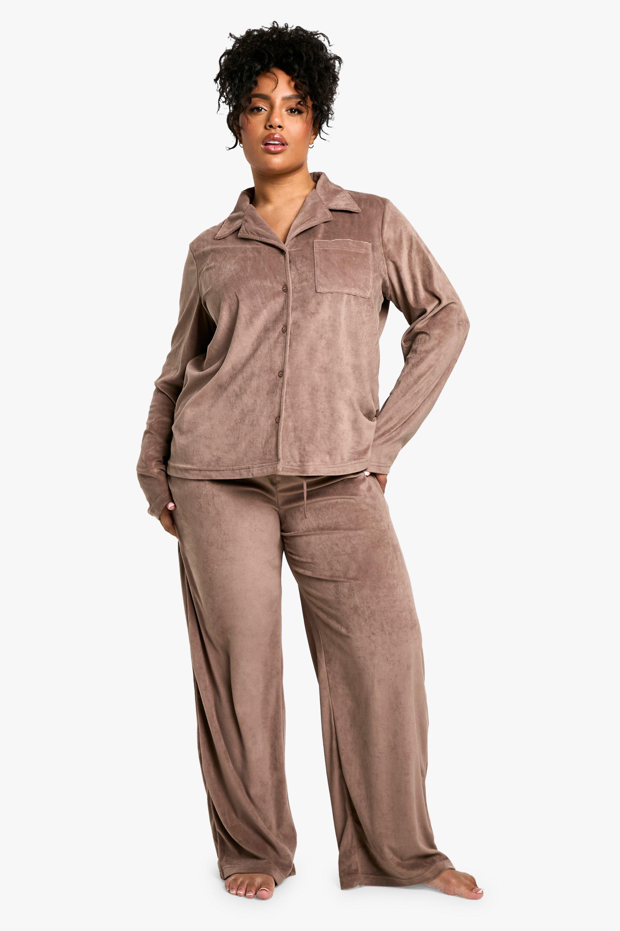 Womens Plus Velour Fleece Button Up Pj Set - Brown - 20, Brown