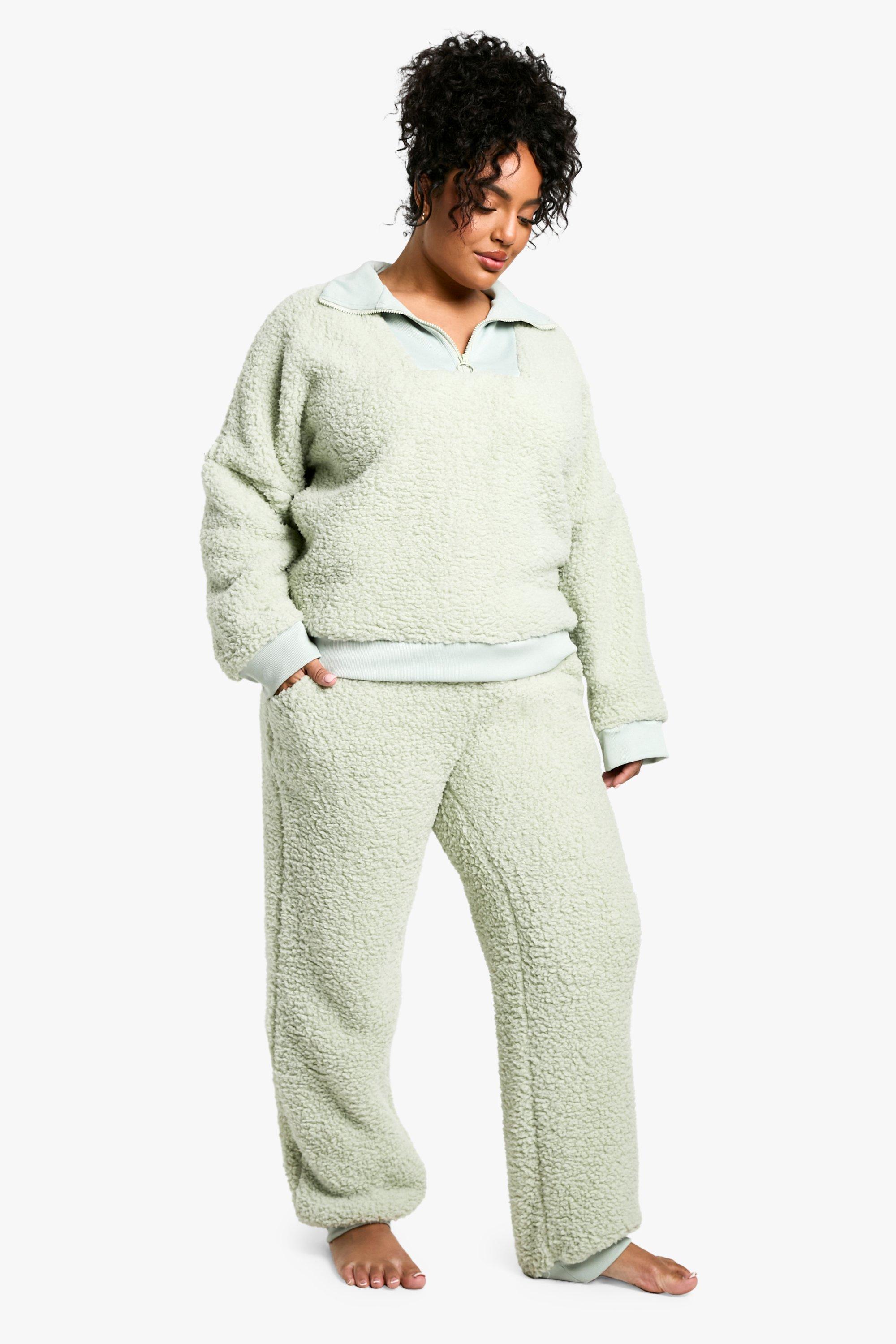 Womens Plus Rib Fleece Half Zip And Jogger Lounge Set - Green - 28, Green