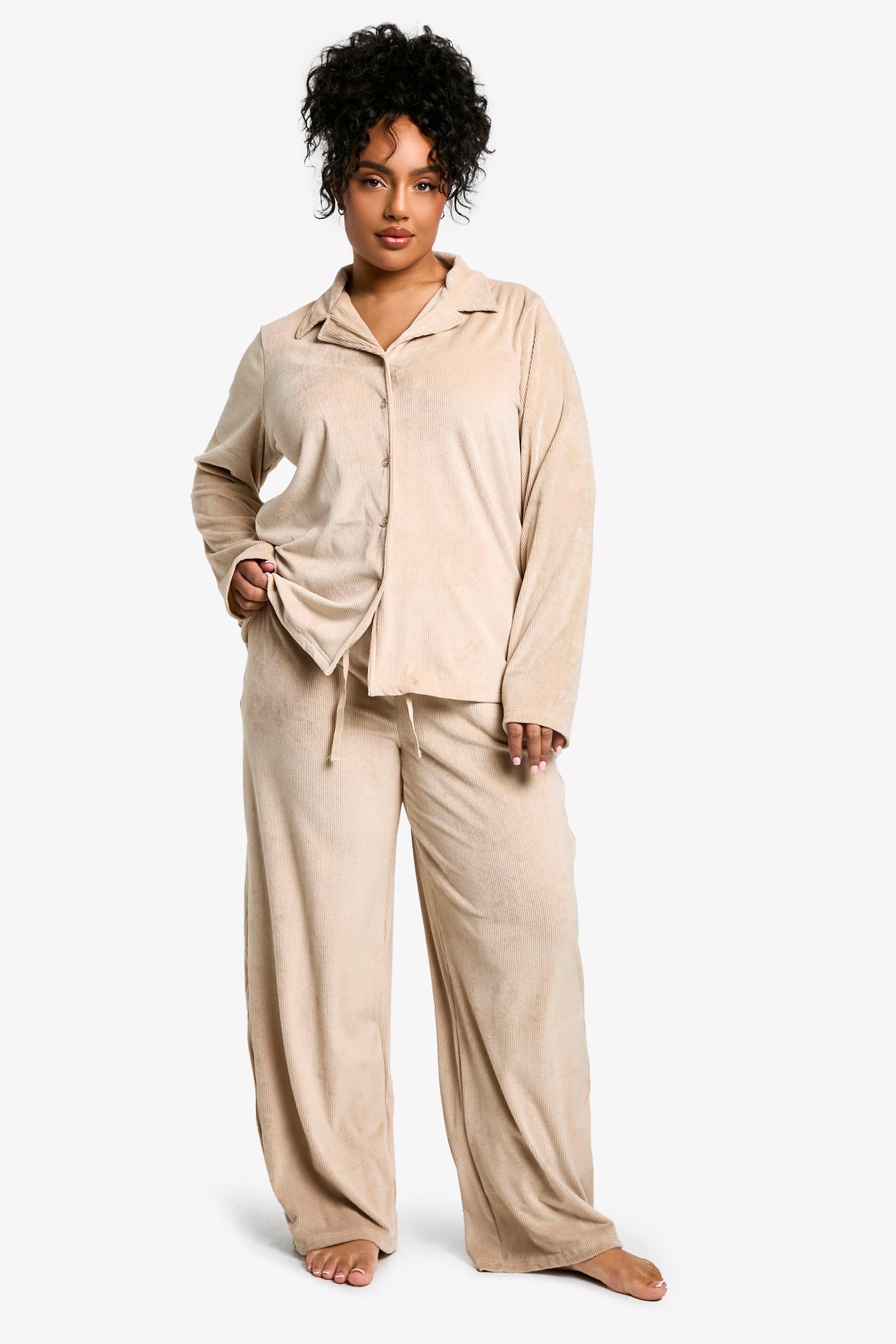 Womens Plus Rib Fleece Button Front Pyjama Set - Brown - 24, Brown