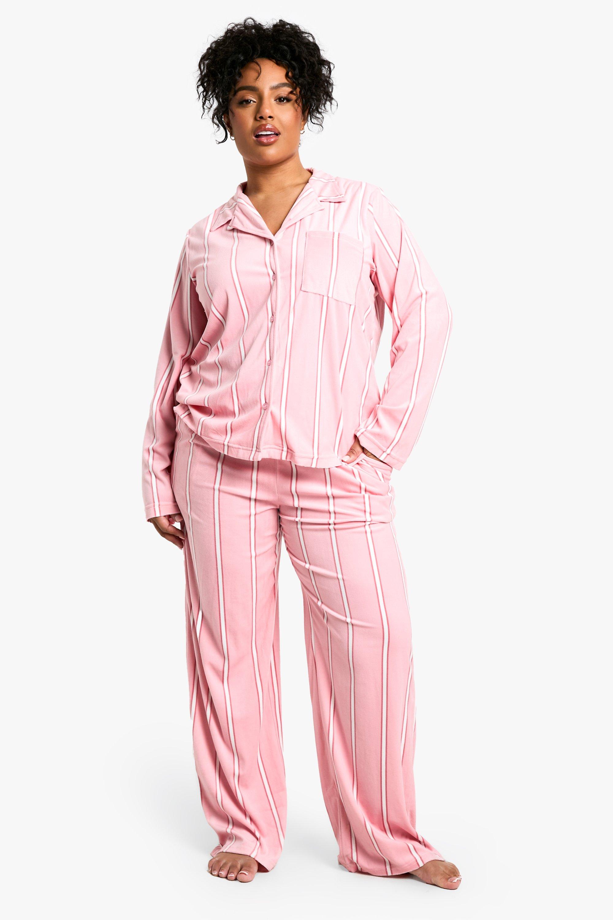 Womens Plus Pink Stripe Fleece Pyjama Set - 26, Pink