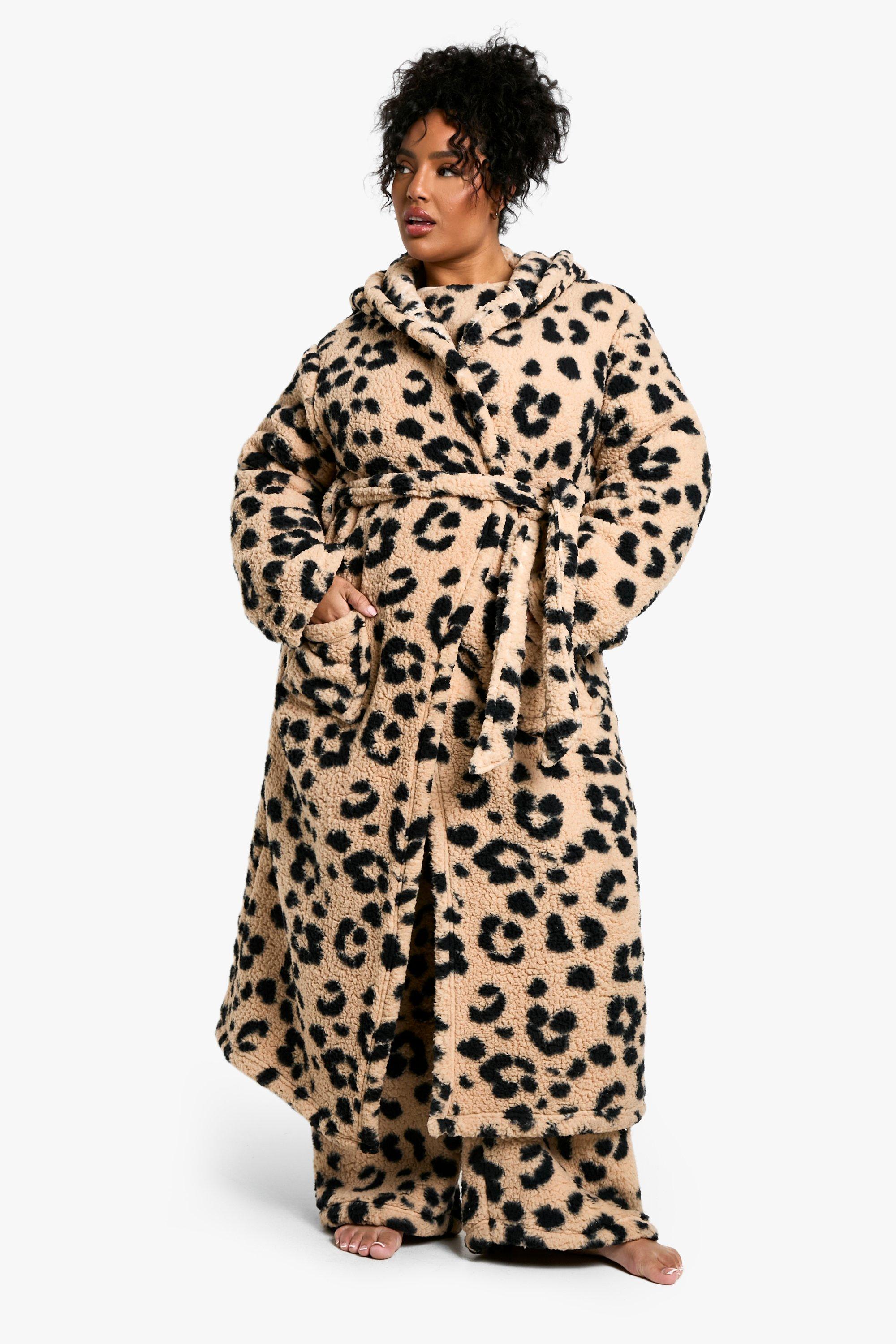 Womens Plus Leopard Borg Hooded Dressing Gown - Multi - 20, Multi