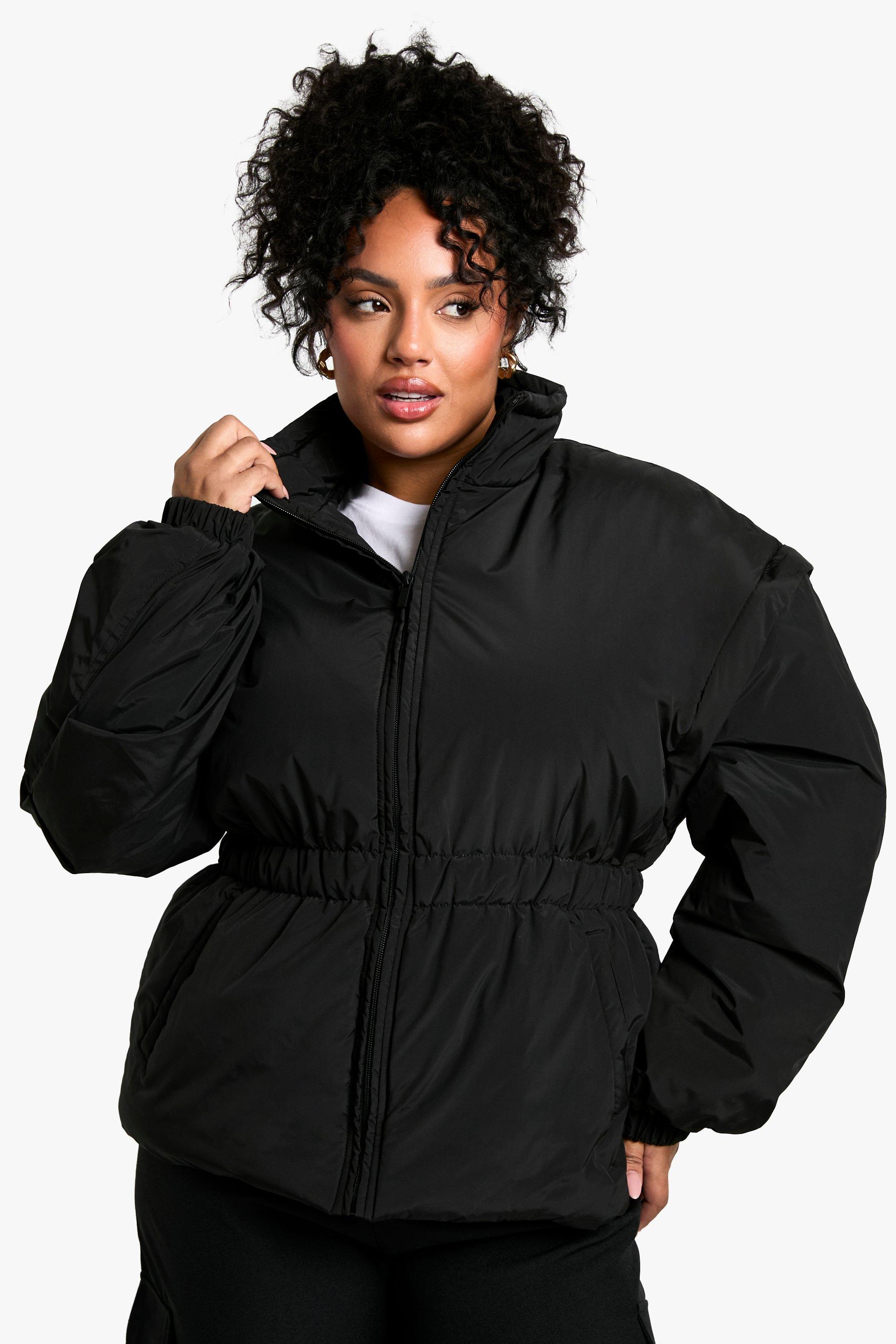womens plus synched waist puffer jacket - black - 18, black