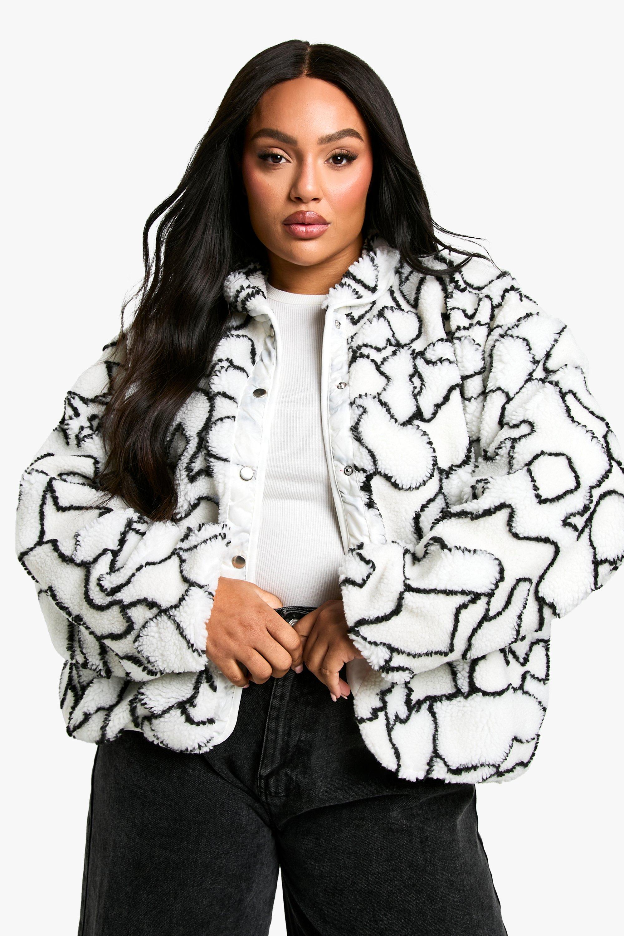 Image of Giacca Plus Size squadrata in fantasia Teddy con stampa astratta, Bianco