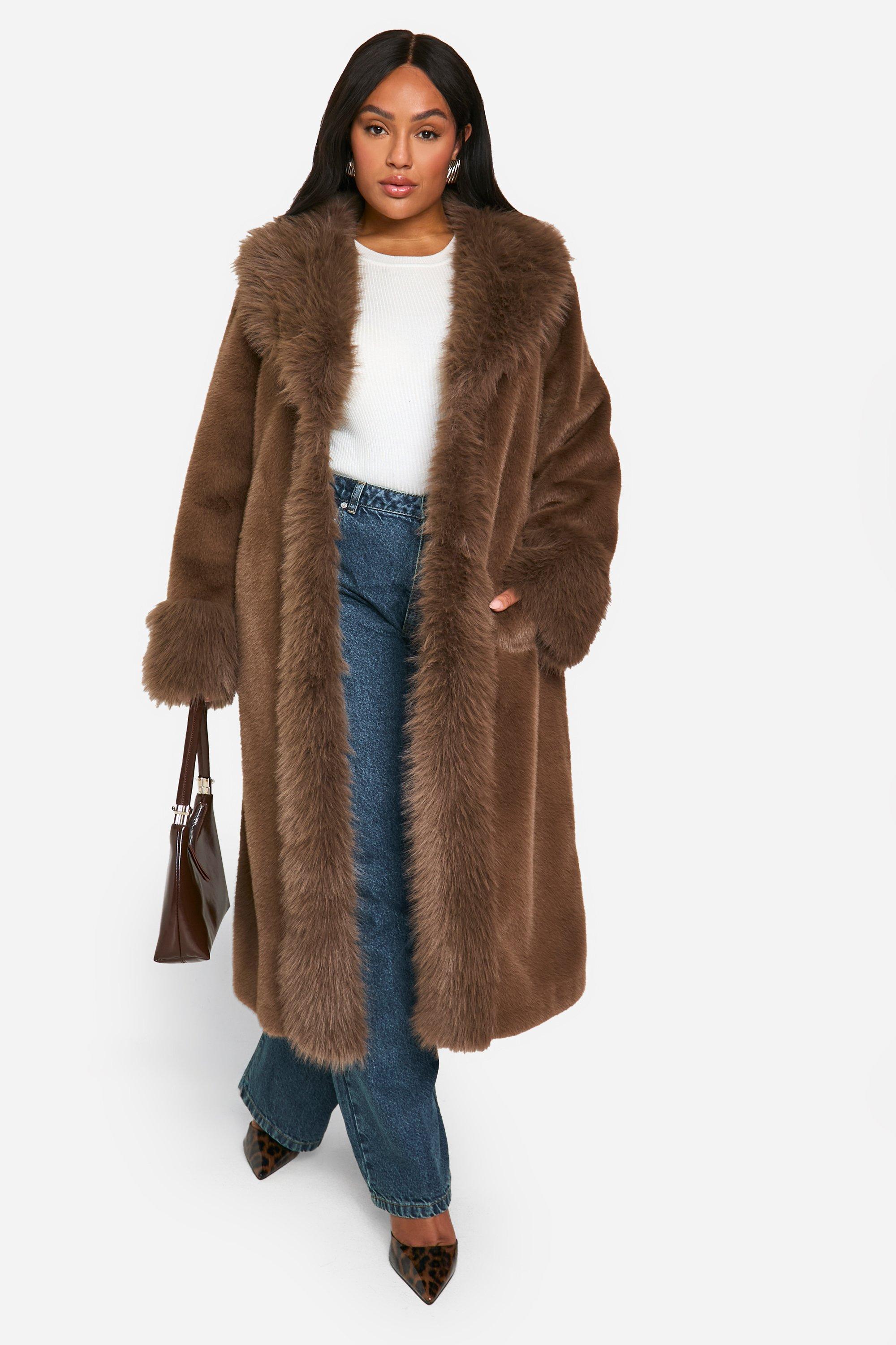 Boohoo Plus Faux Fur Midaxi Jas, Chocolate