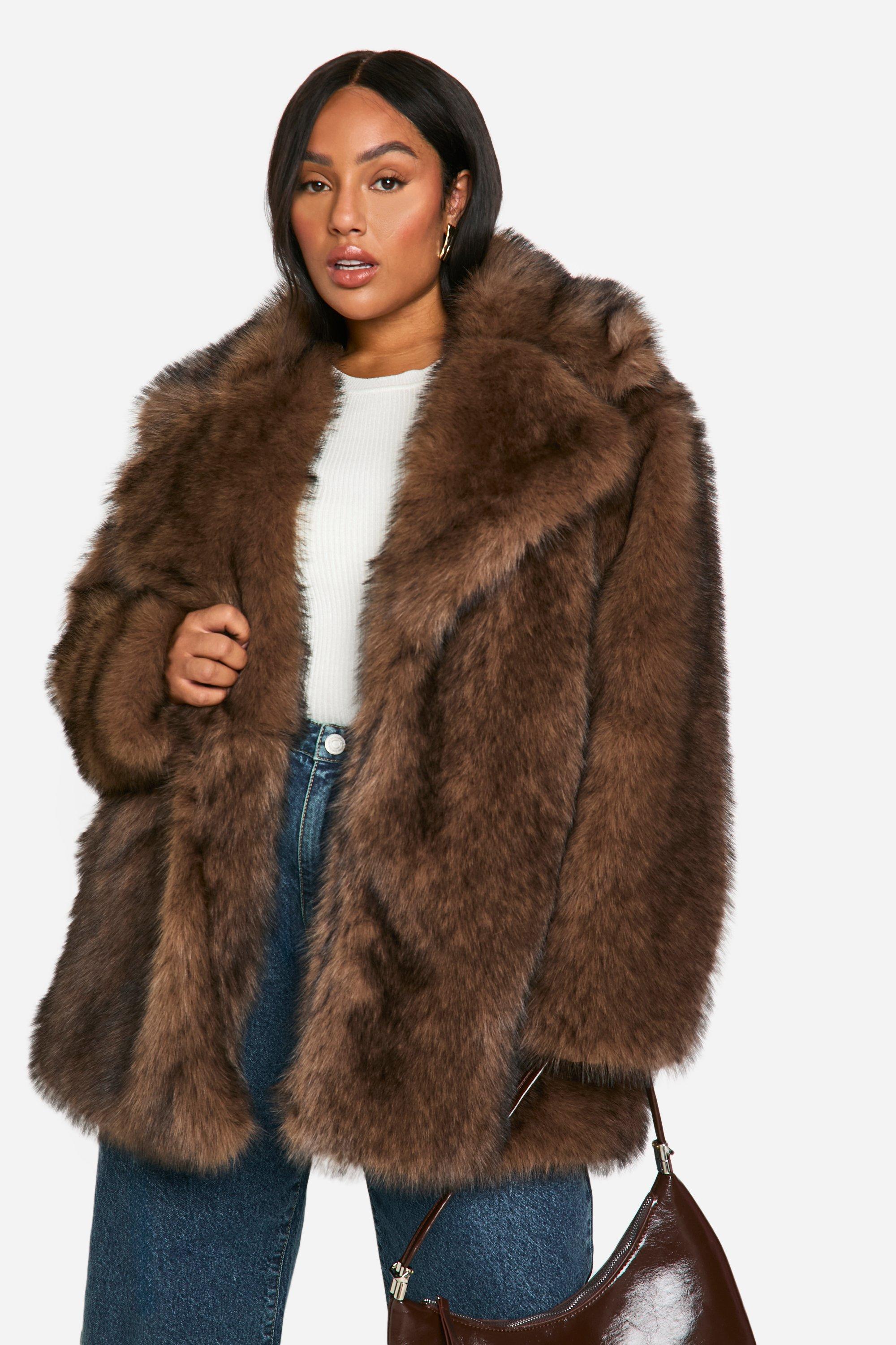 Boohoo Plus Lange Vintage Faux Fur Jas, Chocolate