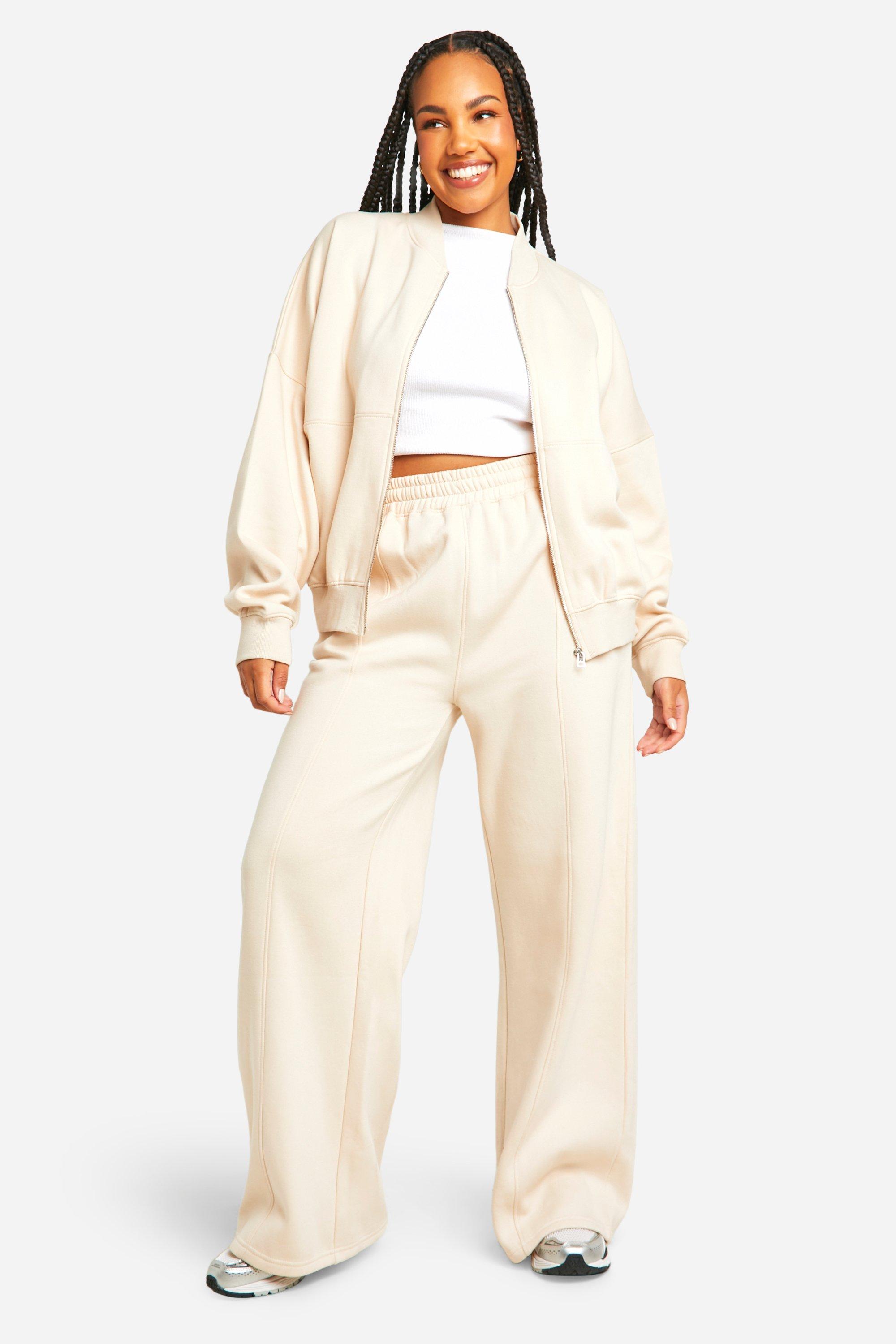 womens plus zip through bomber straight leg tracksuit - beige - 20, beige