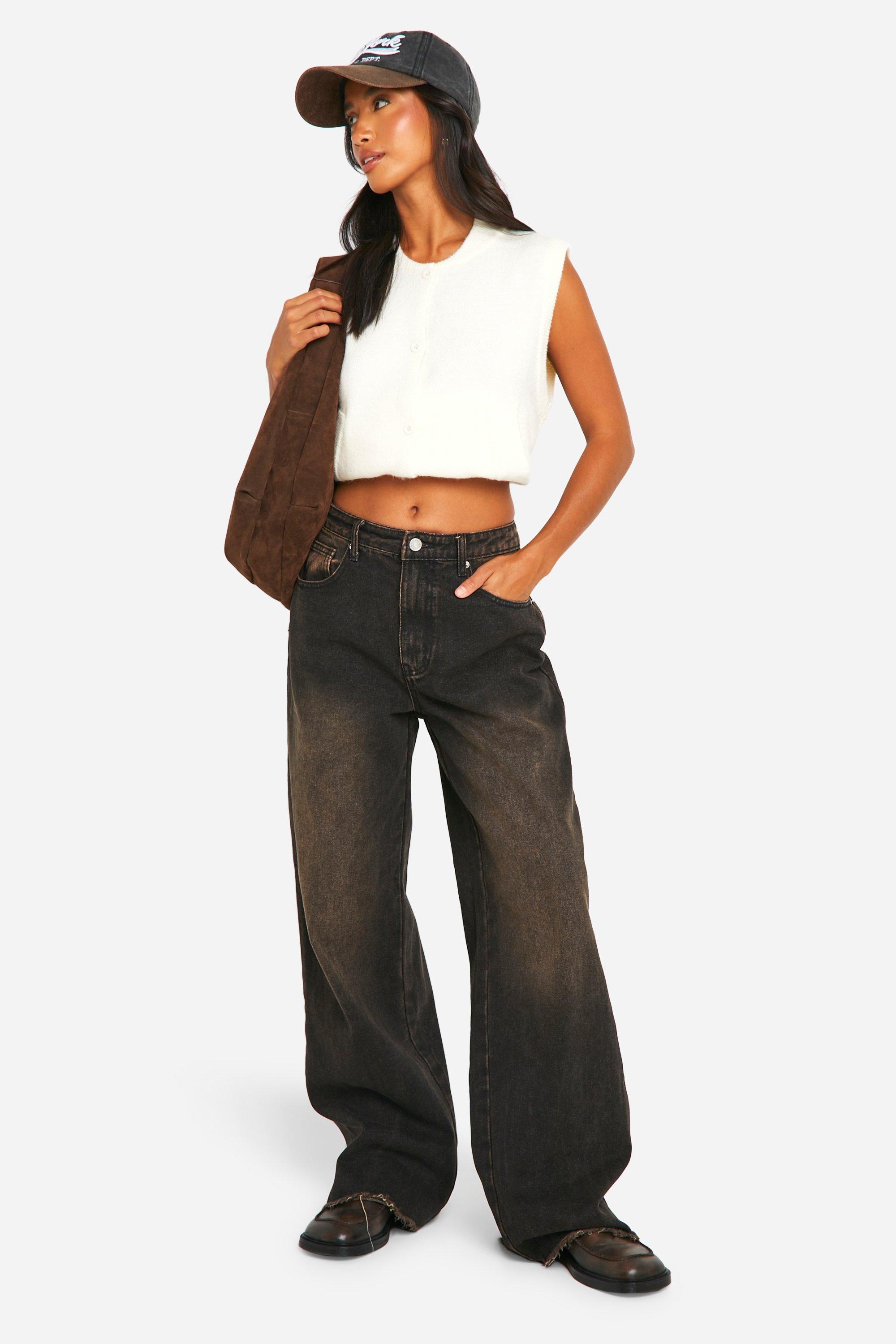 Boohoo Petite Brown Wash Wide Leg Jeans Met Onbewerkte Zoom, Dark Brown