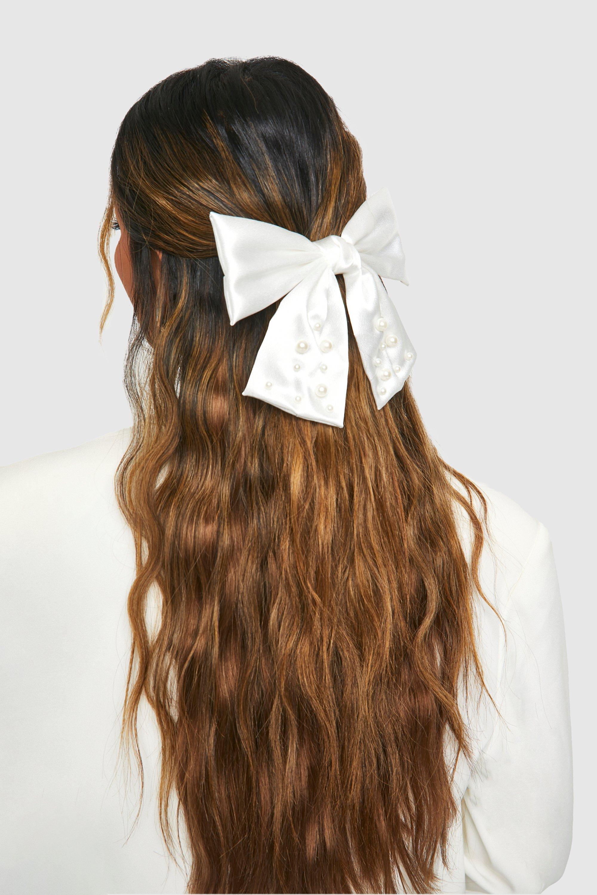 Womens Pearl Embellished Large Bow Hair Clip White One Size White