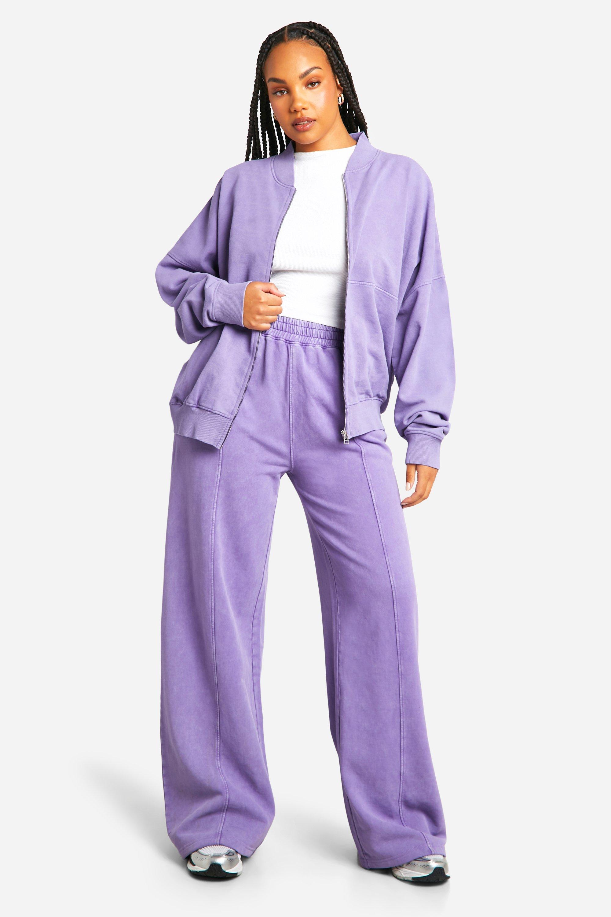 Womens Plus Washed Zip Through Bomber Straight Leg Tracksuit - Purple - 22, Purple