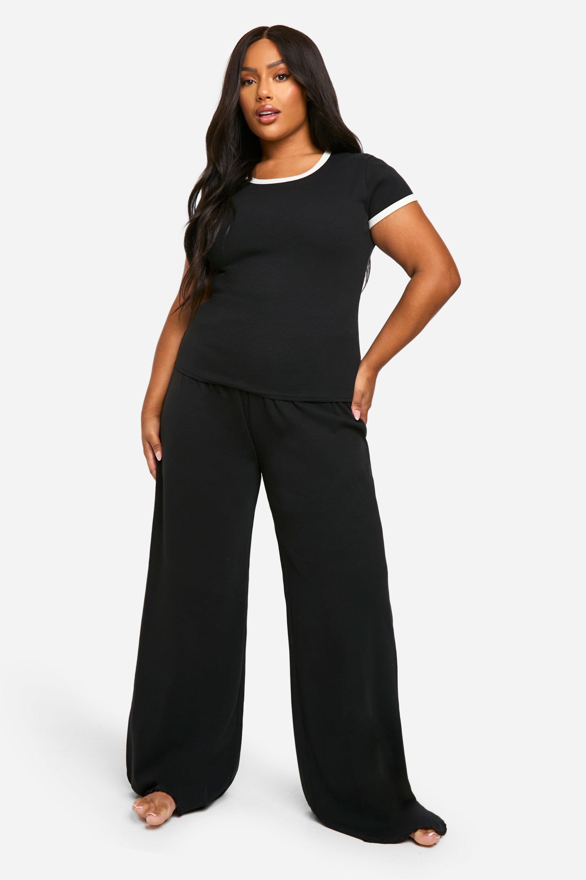 Womens Plus Wide Leg Rib Lounge Trouser - Black - 22, Black