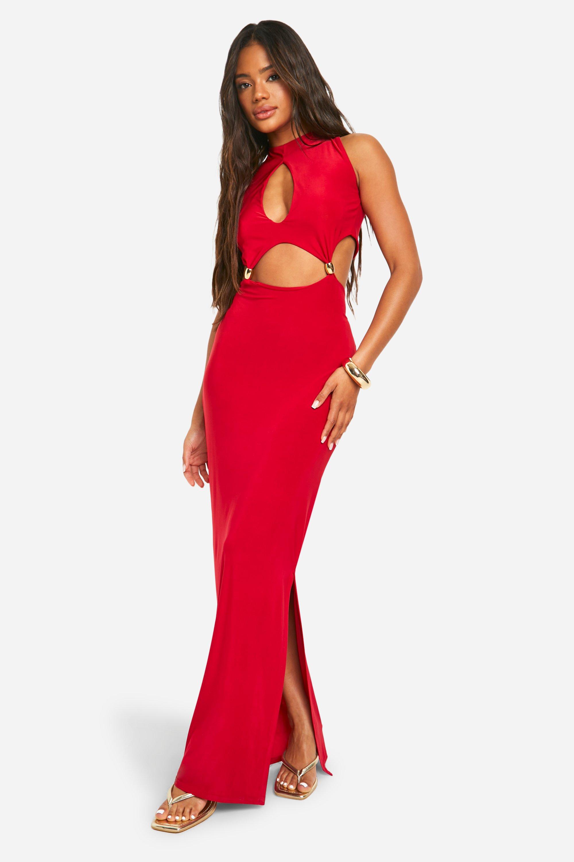 Boohoo Halterneck Cut Out Beaded Maxi Dress, Red