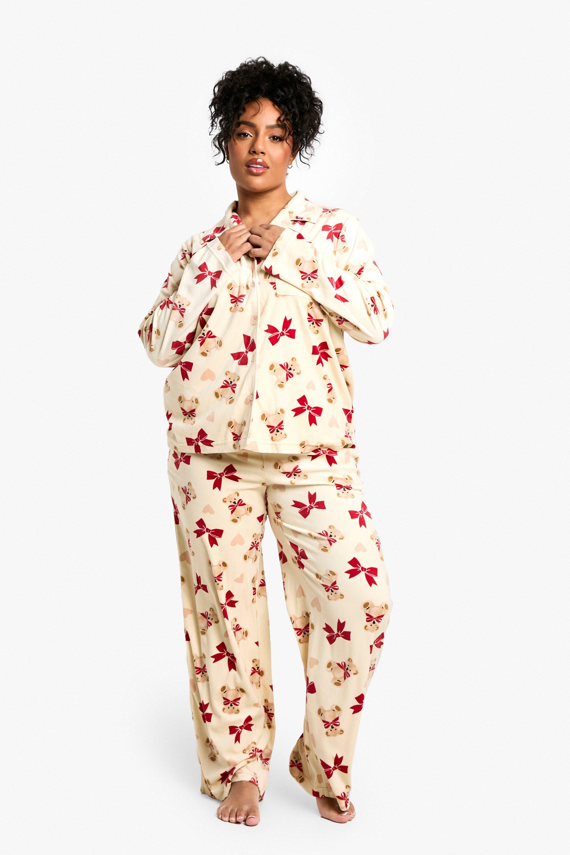 Womens Plus Bear And Bow Print Fleece Pyjama Set - Brown - 16, Brown