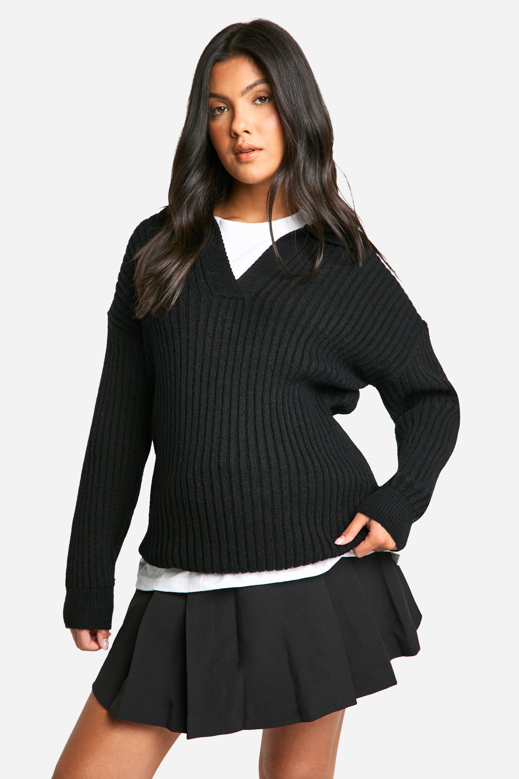 Image of Maglione Premaman in maglia morbida a coste ampie con colletto, Nero