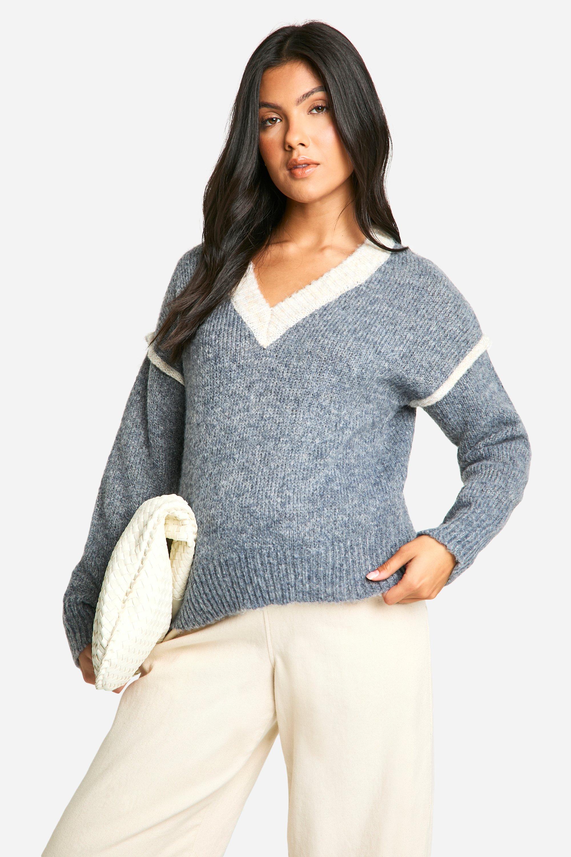 Image of Maglione Premaman in maglia morbida con scollo a V e dettagli a contrasto, Grigio