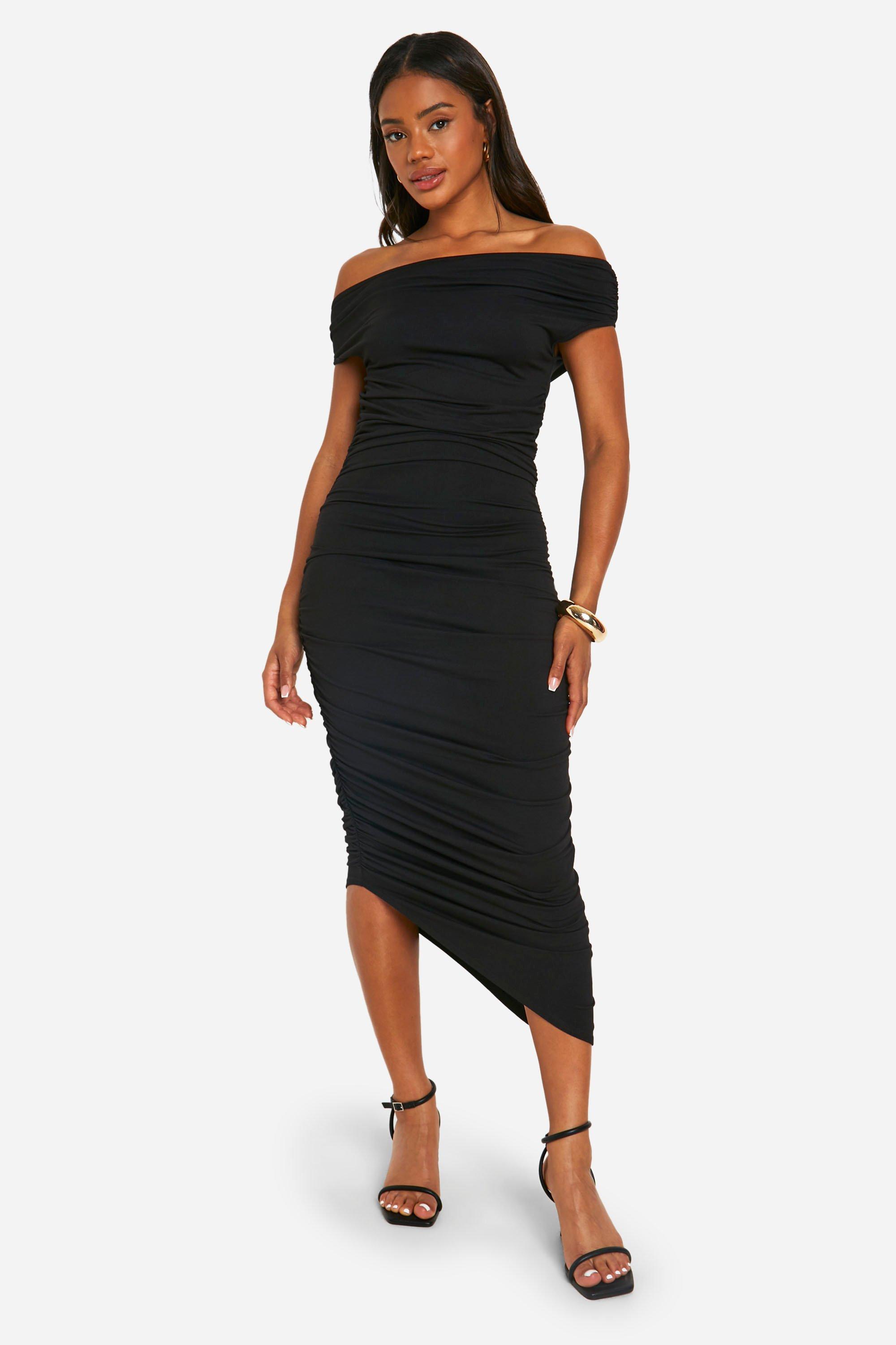 Boohoo Ruched Asymmetric Midaxi Dress, Black