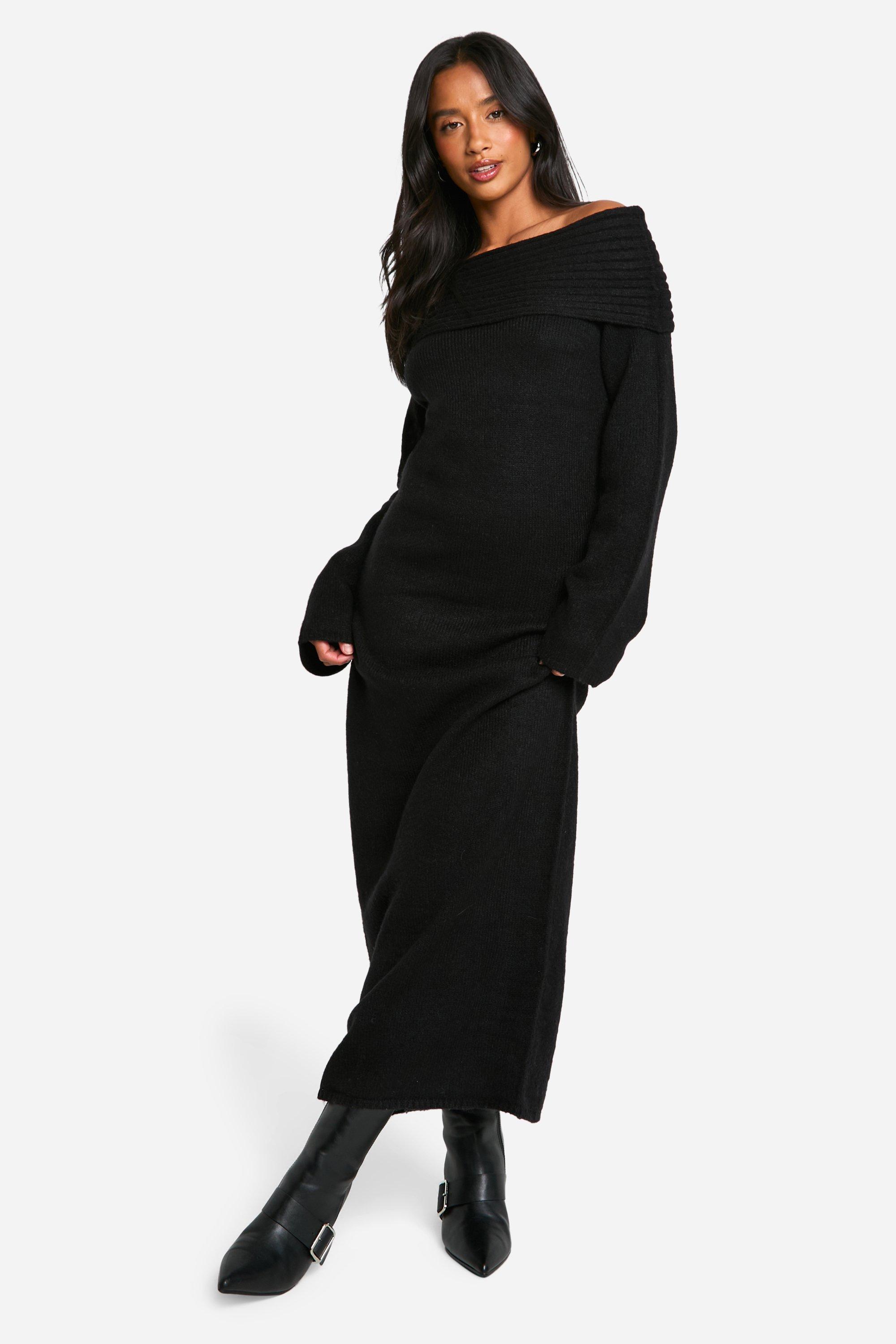 Image of Vestito in maglia morbida Petite Premium oversize a coste con scollo Bardot, Nero