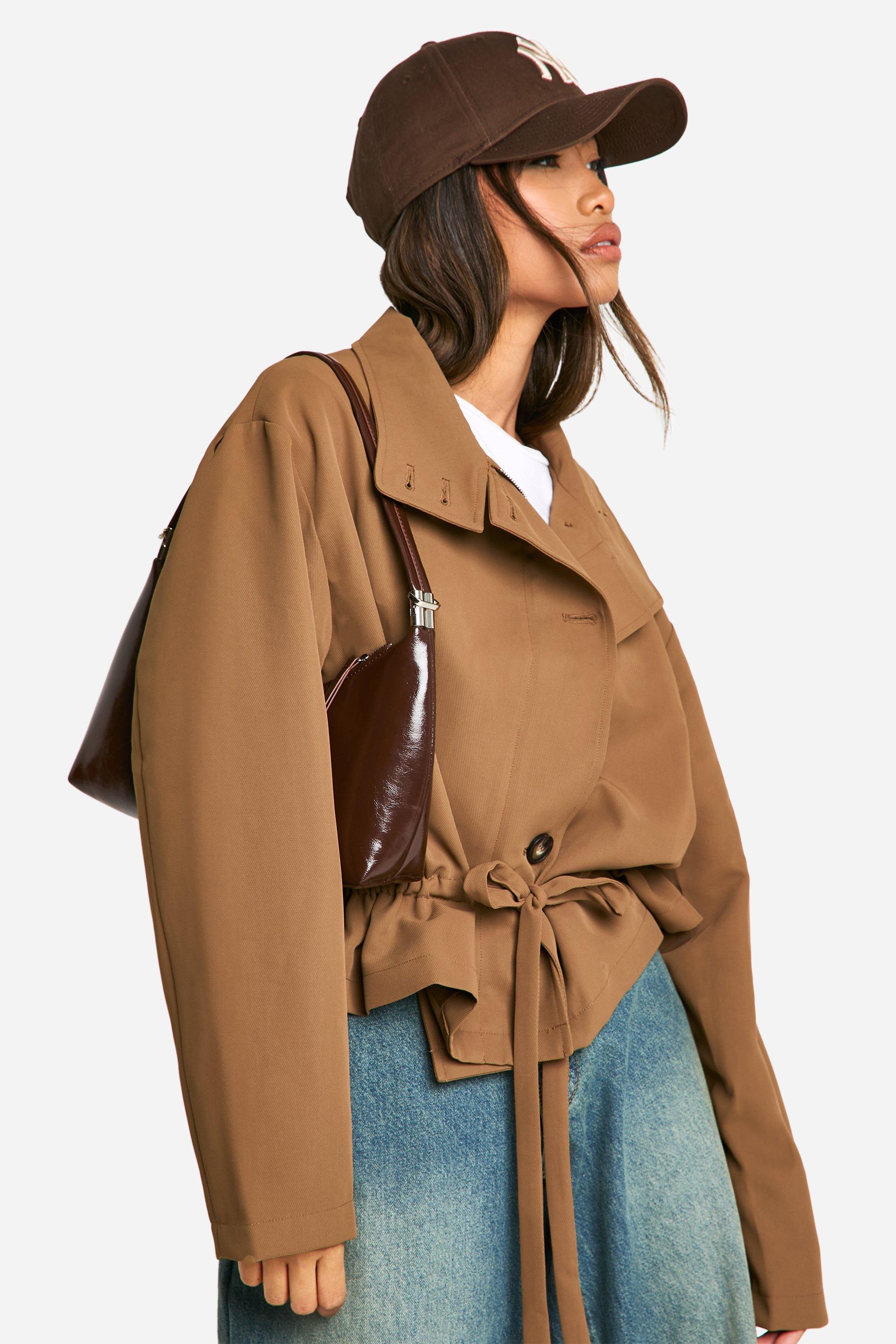 womens synched waist short trench coat - brown - 8, brown
