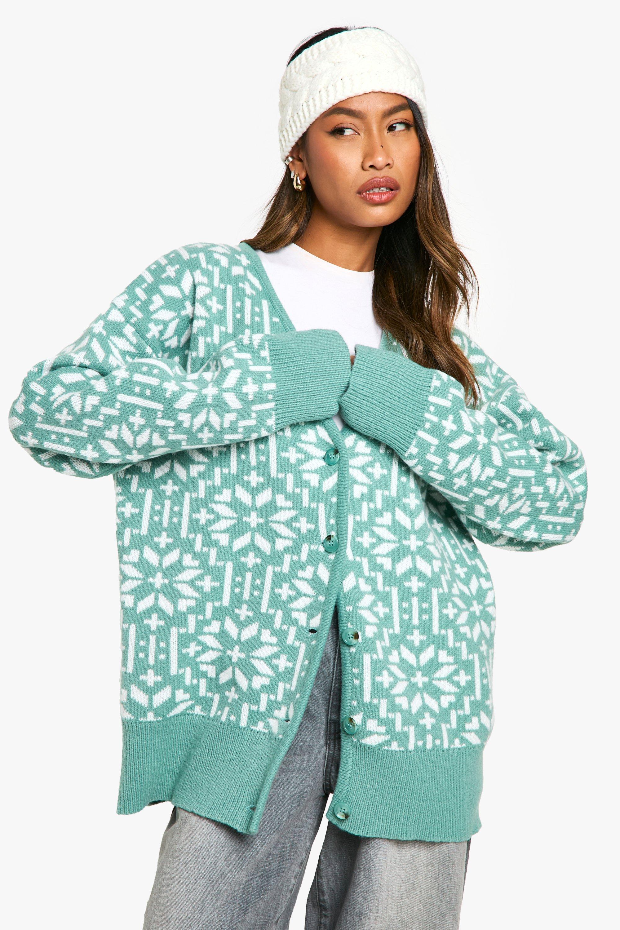 Boohoo Gebreide Premium Gebreide Sneeuwvlokken Cardigan, Green