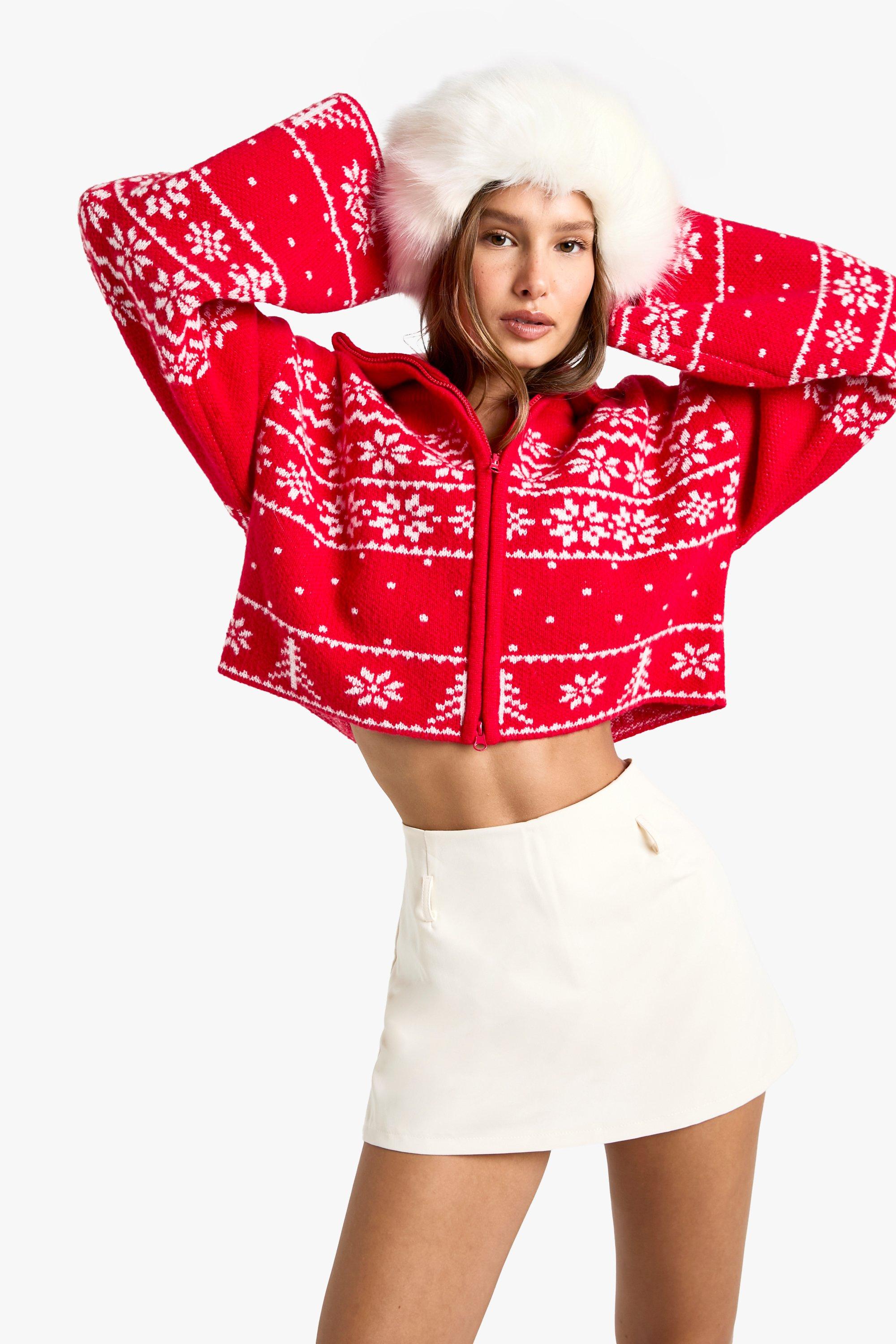 Boohoo Gebreide Premium Gebreide Kerst Cardigan Met Rits, Red