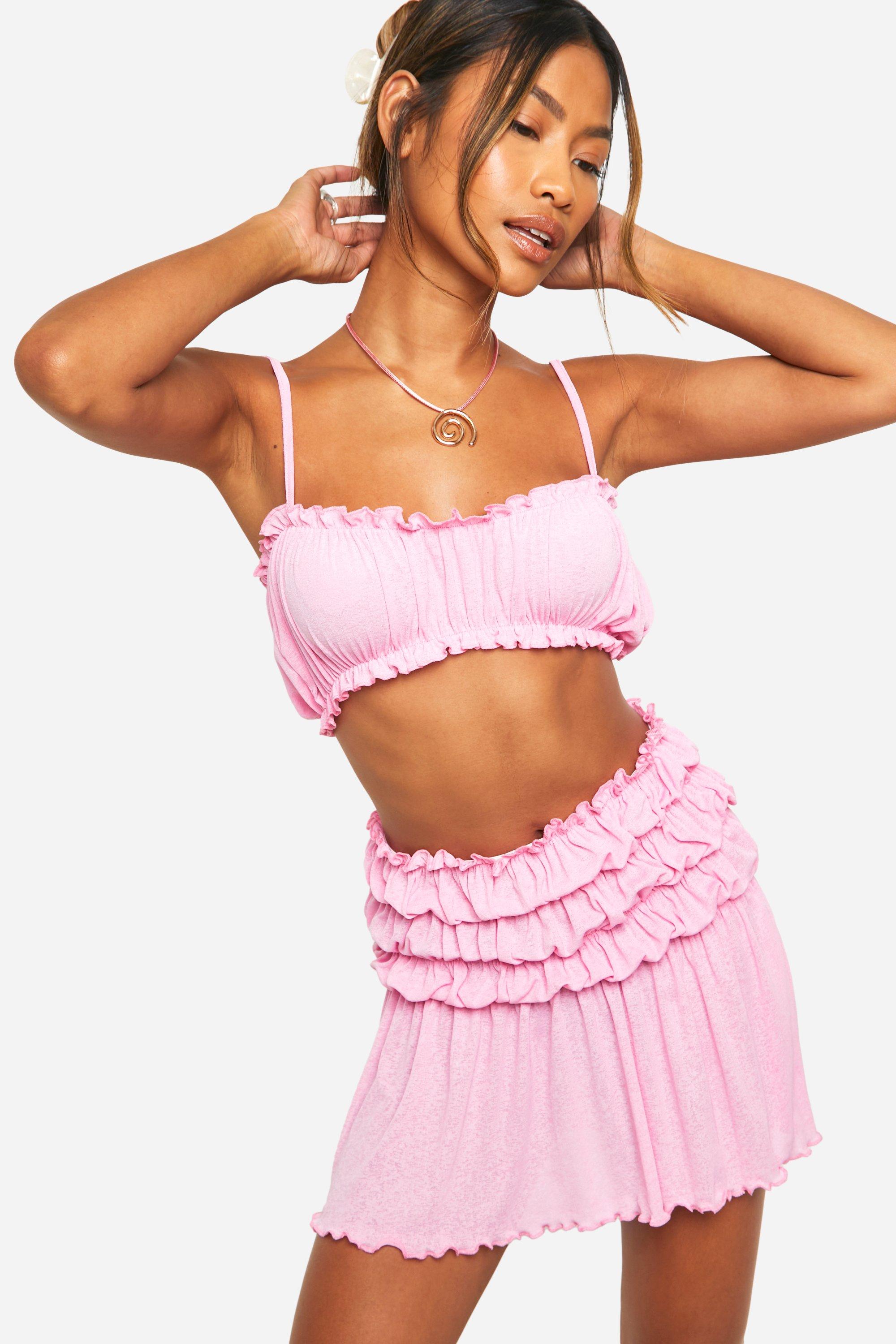 Boohoo Onion Skin Bralet And Matching Ruched Mini Skirt, Pink