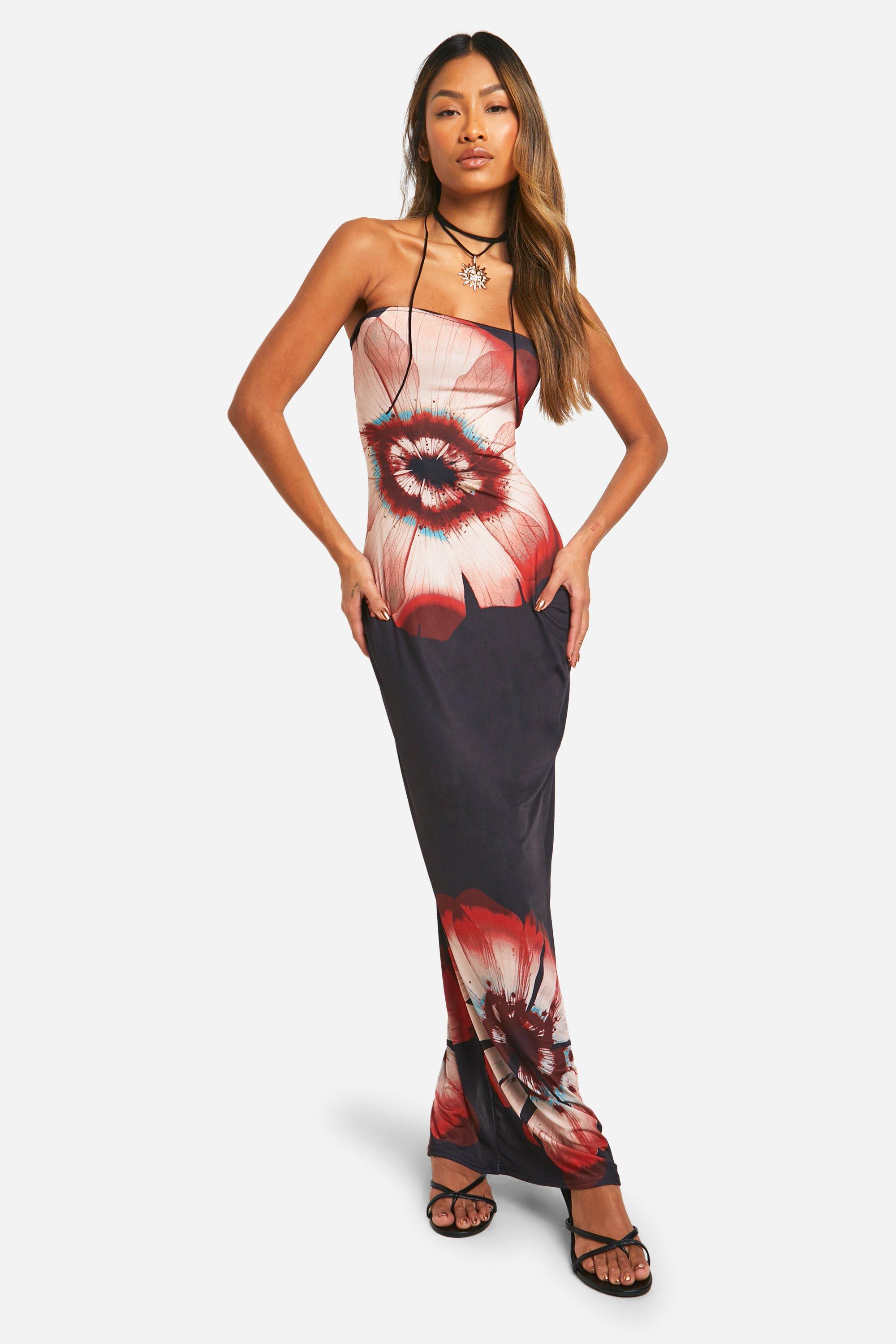 Womens Floral Bandeau Dress - Black - 8, Black