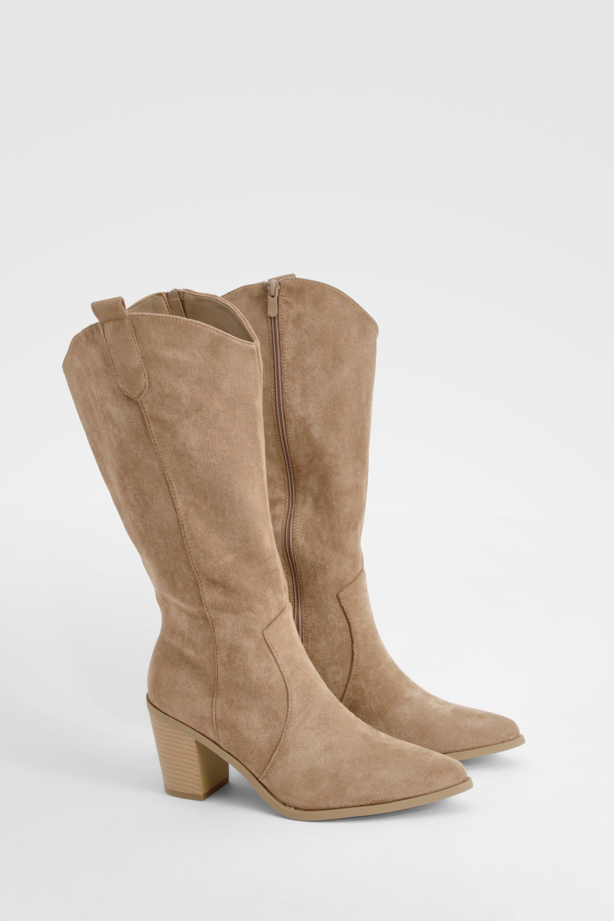 Boohoo Western Style Pointed Toe Knee High Heeled Boot, Taupe