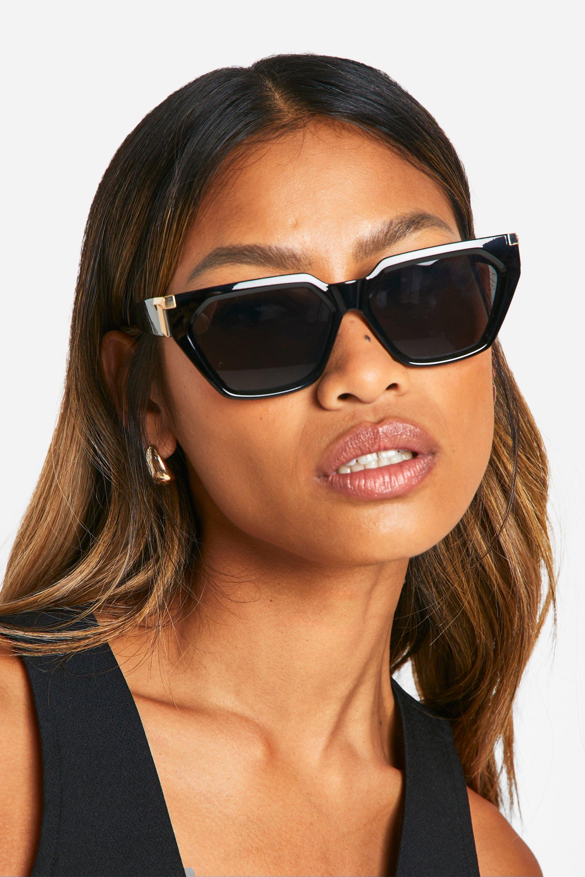 Womens Gold Detail Black Angular Sunglasses - One Size, Black