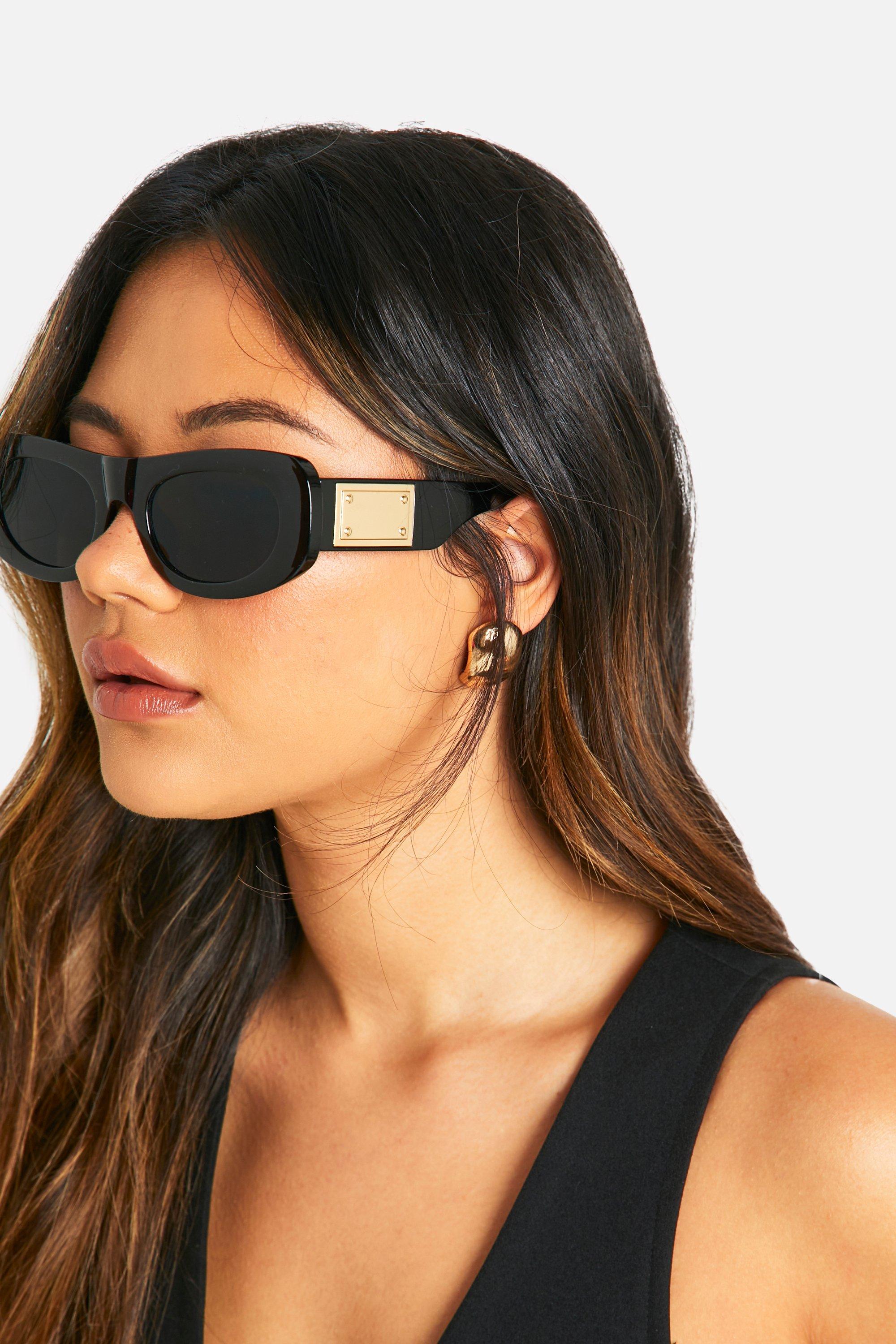 Womens Gold Detail Black Oval Sunglasses - One Size, Black