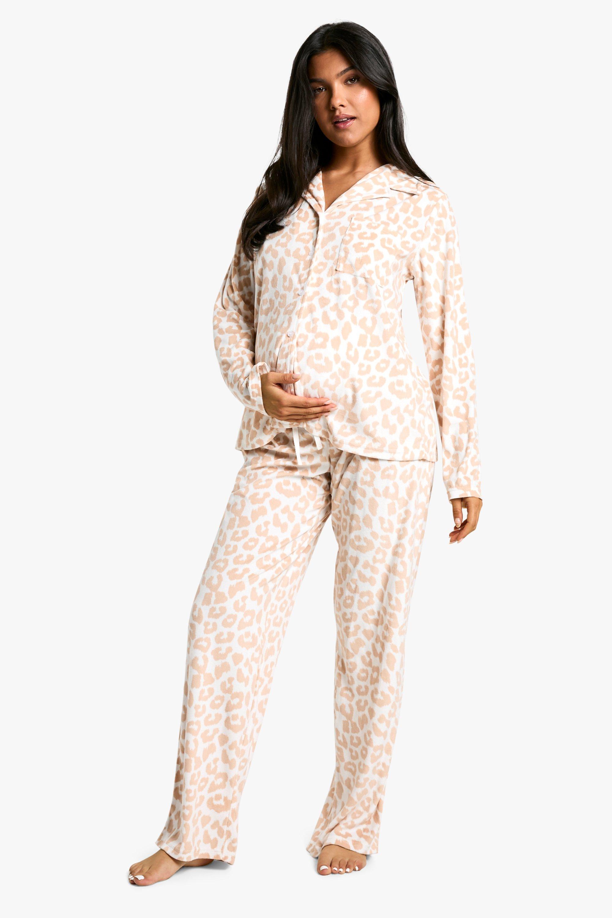 Womens Maternity Tonal Leopard Fleece Pyjama Set - White - 14, White