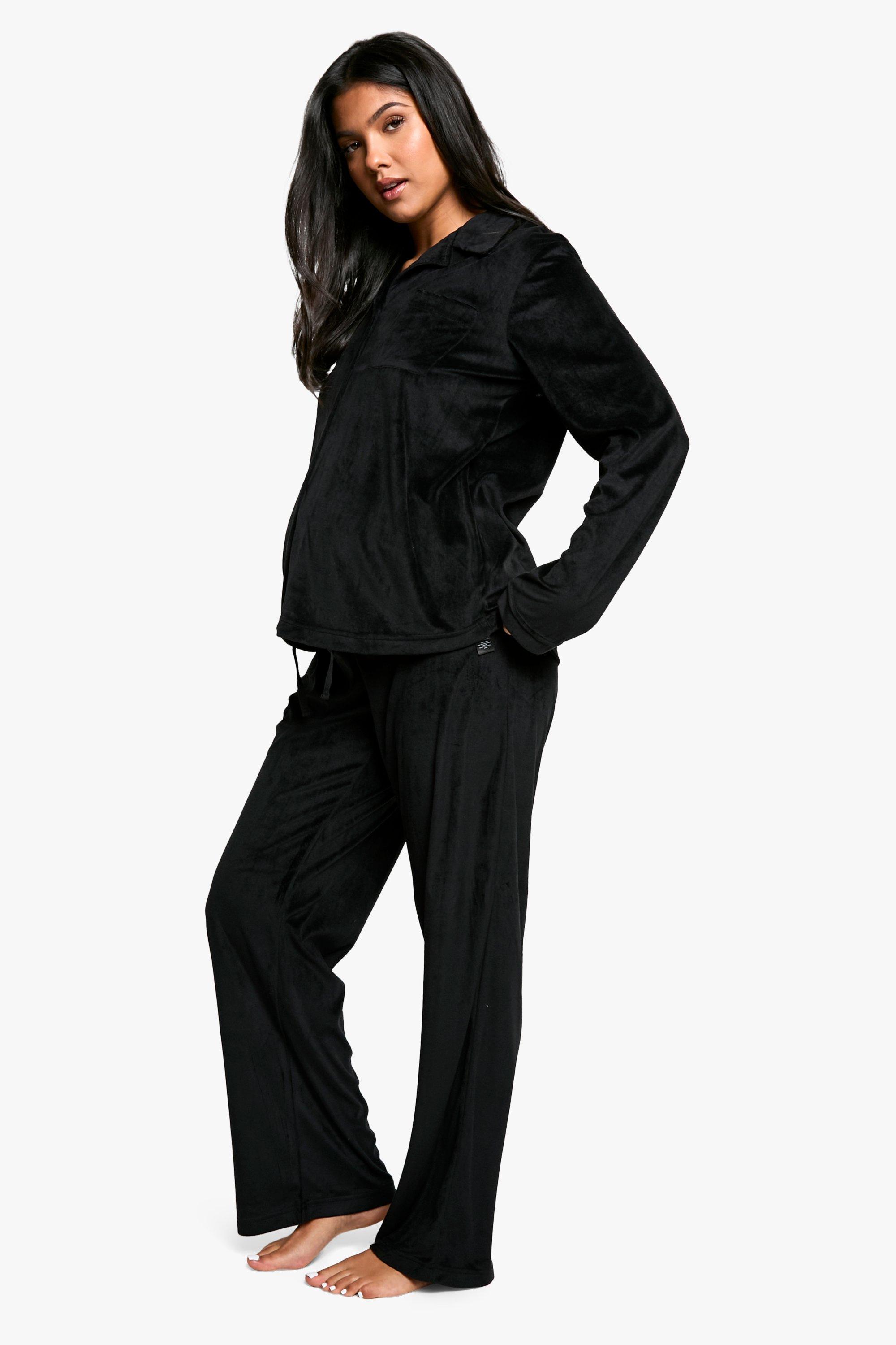 Womens Maternity Velour Fleece Button Up Pj Set - Black - 12, Black