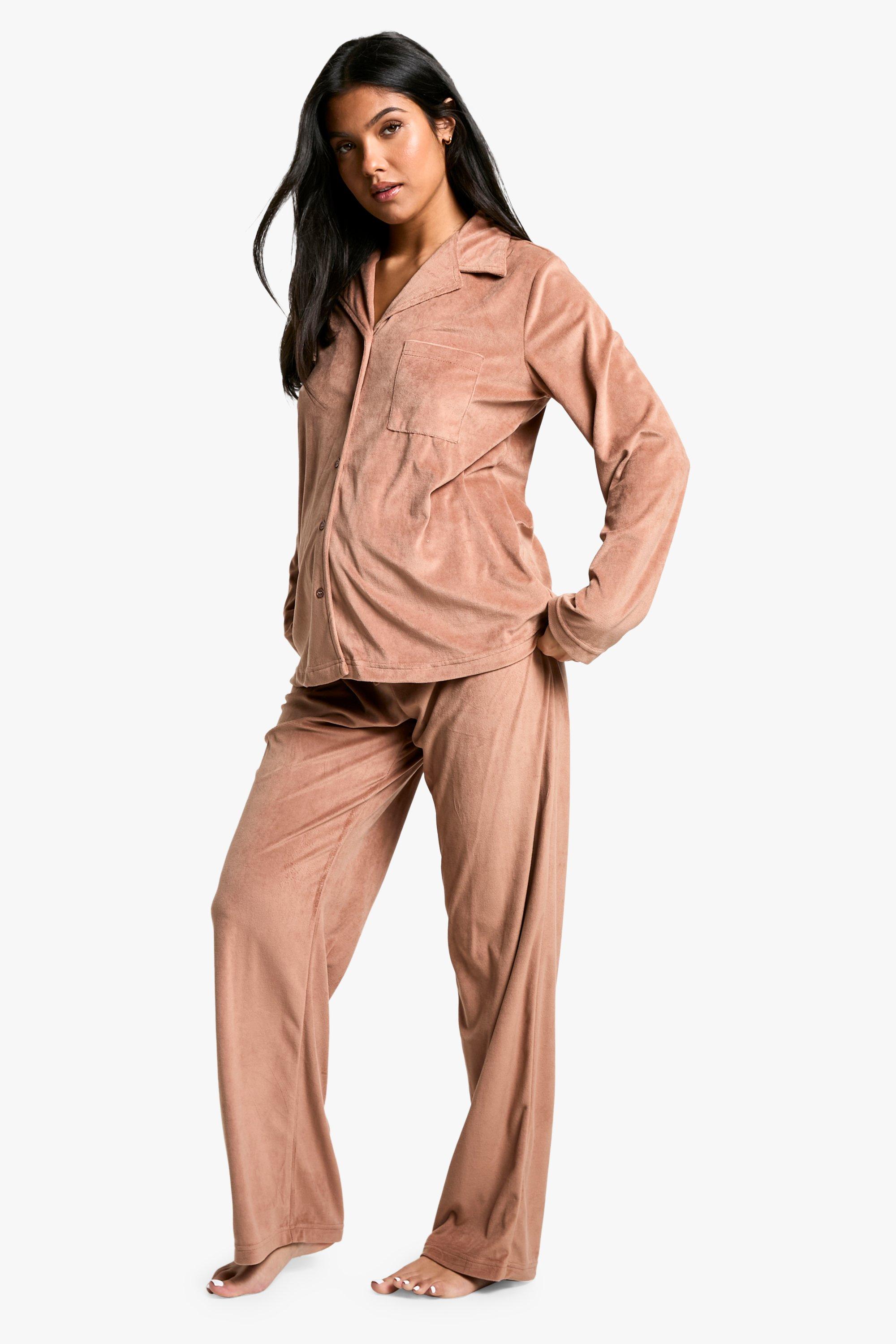 Womens Maternity Velour Fleece Button Up Pj Set - Brown - 8, Brown