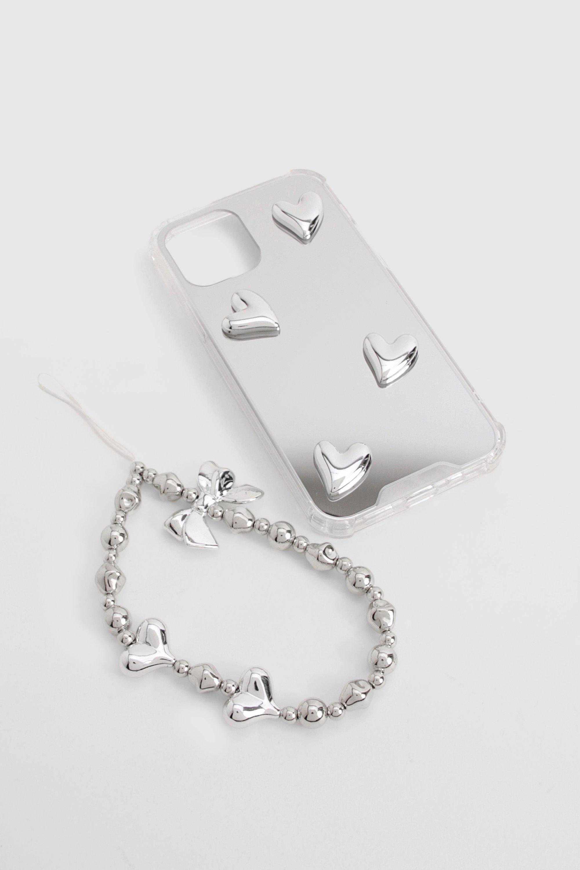 Womens Heart Detail Phone Case And Charm - Grey - Iphone 13 Pro, Grey