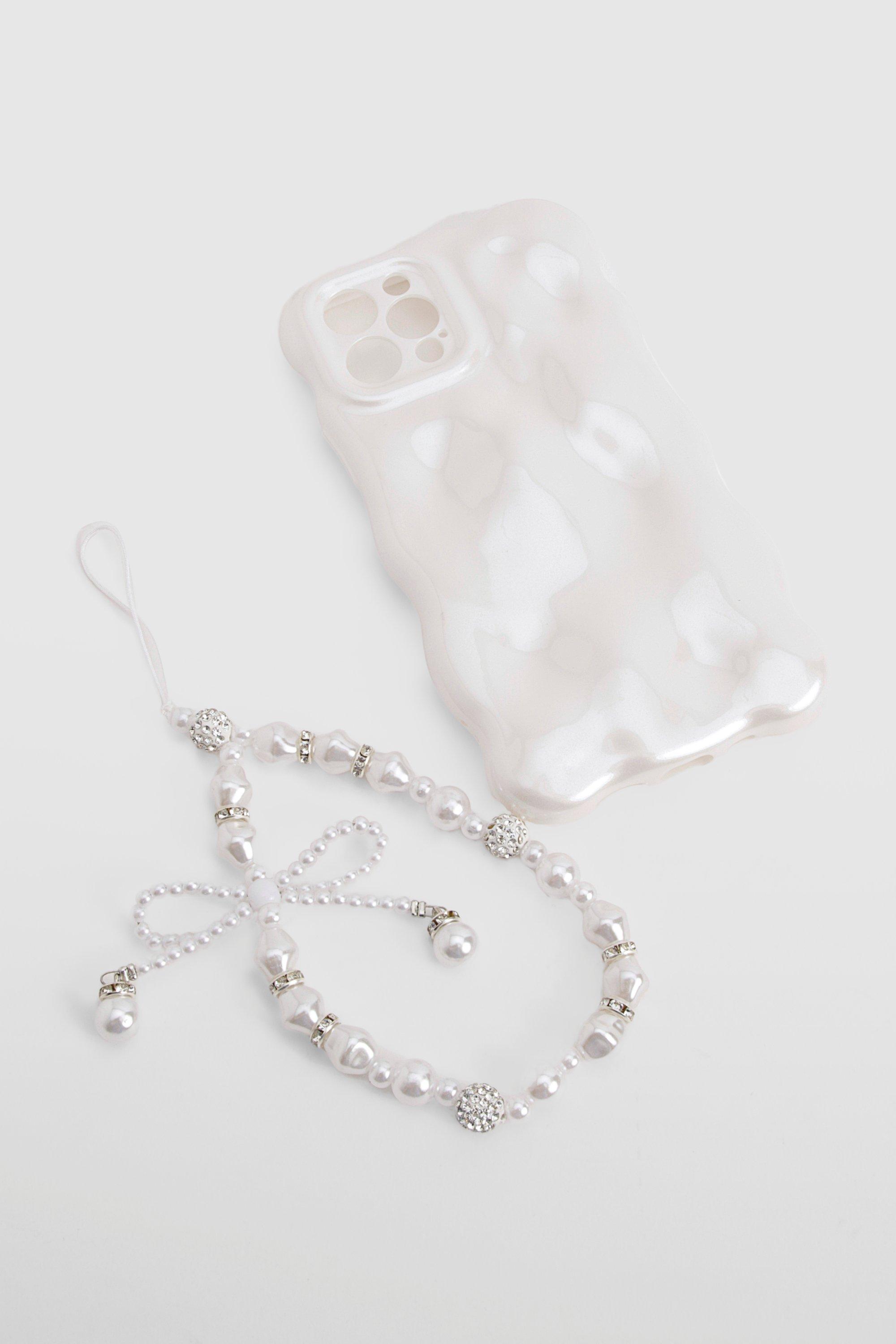 Womens Wavy Pearlised Phone Case With Charm - White - Iphone 12-12 Pro, White