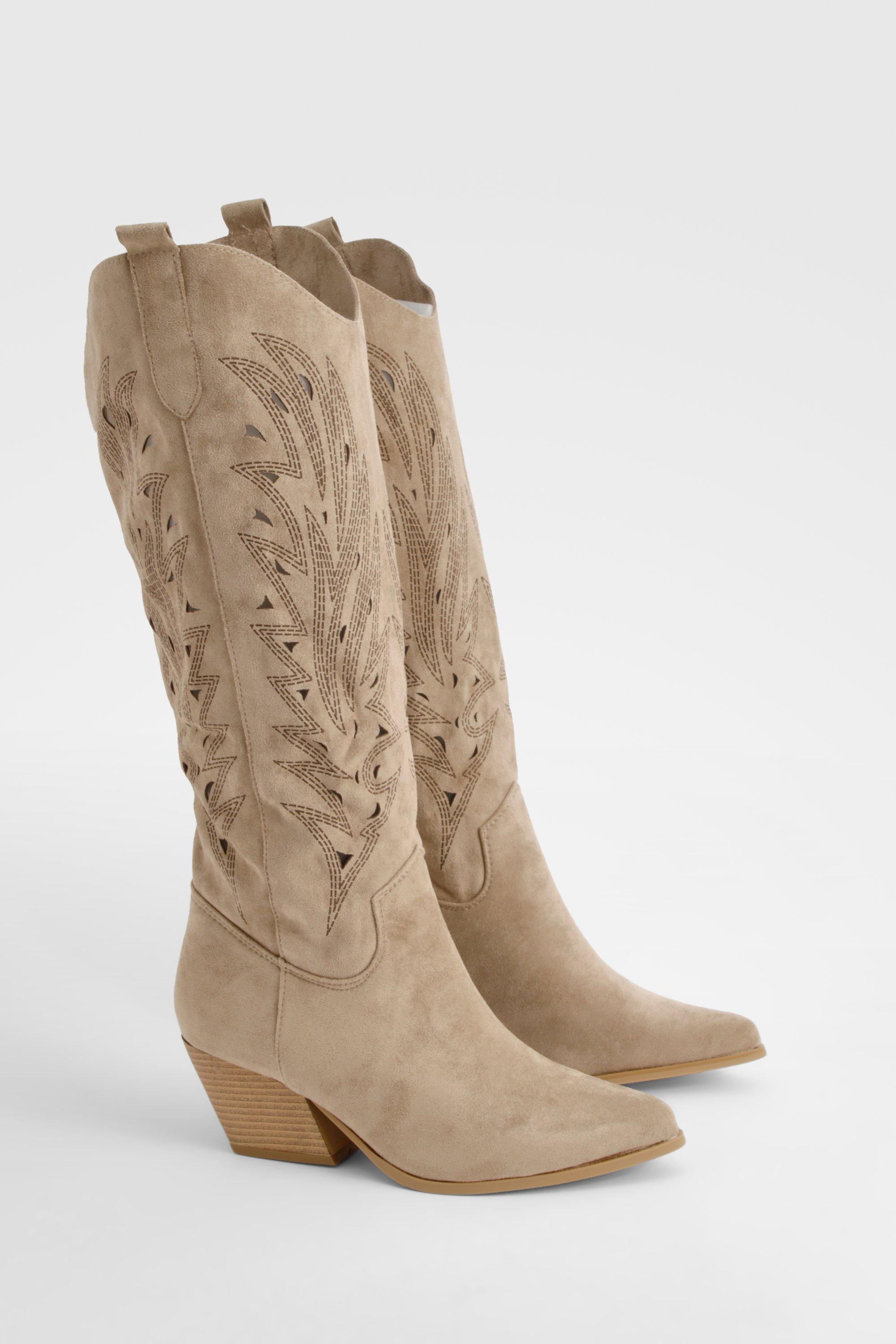 Boohoo Embroidered Cut Knee High Western Boots, Taupe