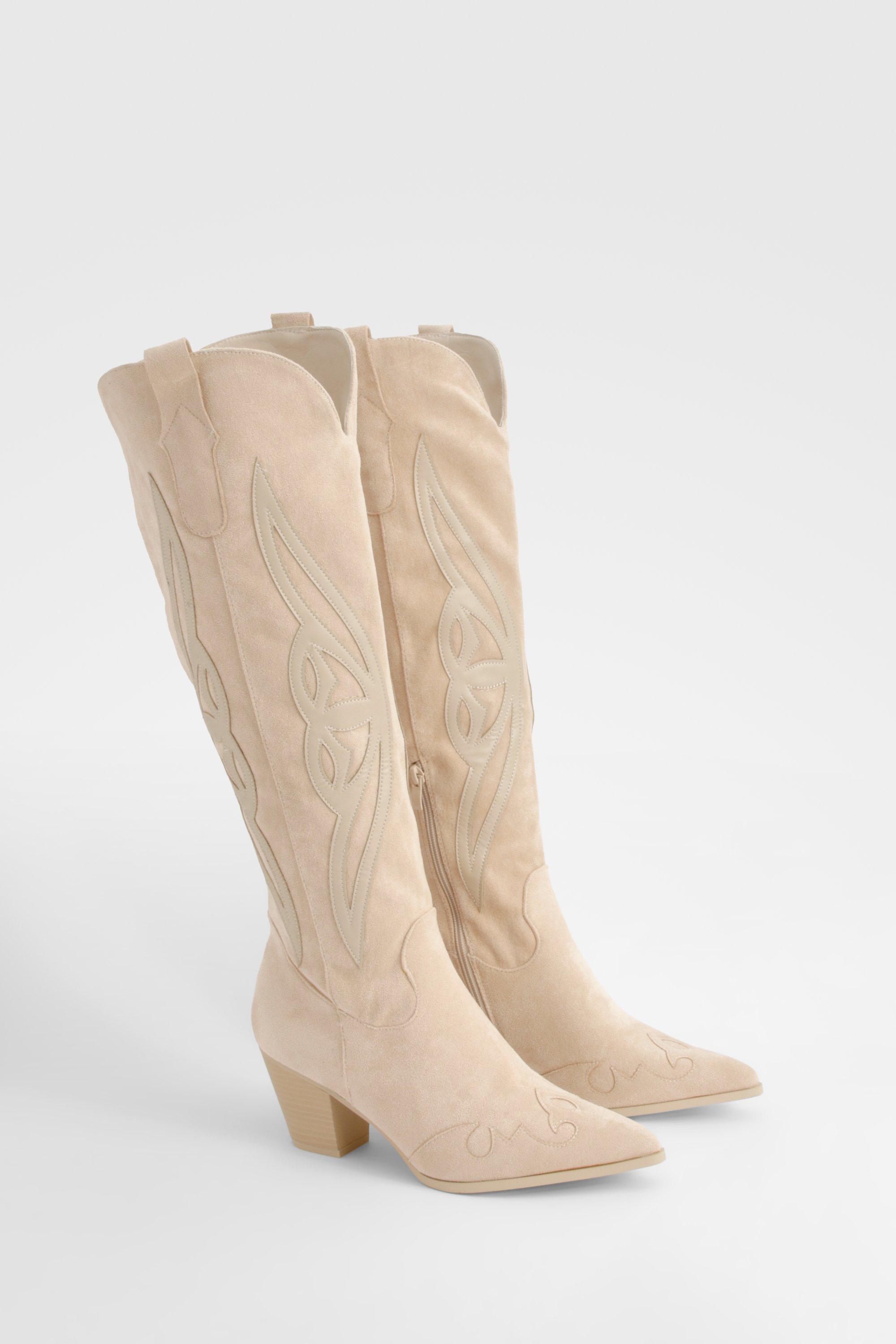 Boohoo Embroidered Panel Knee High Western Boots, Beige