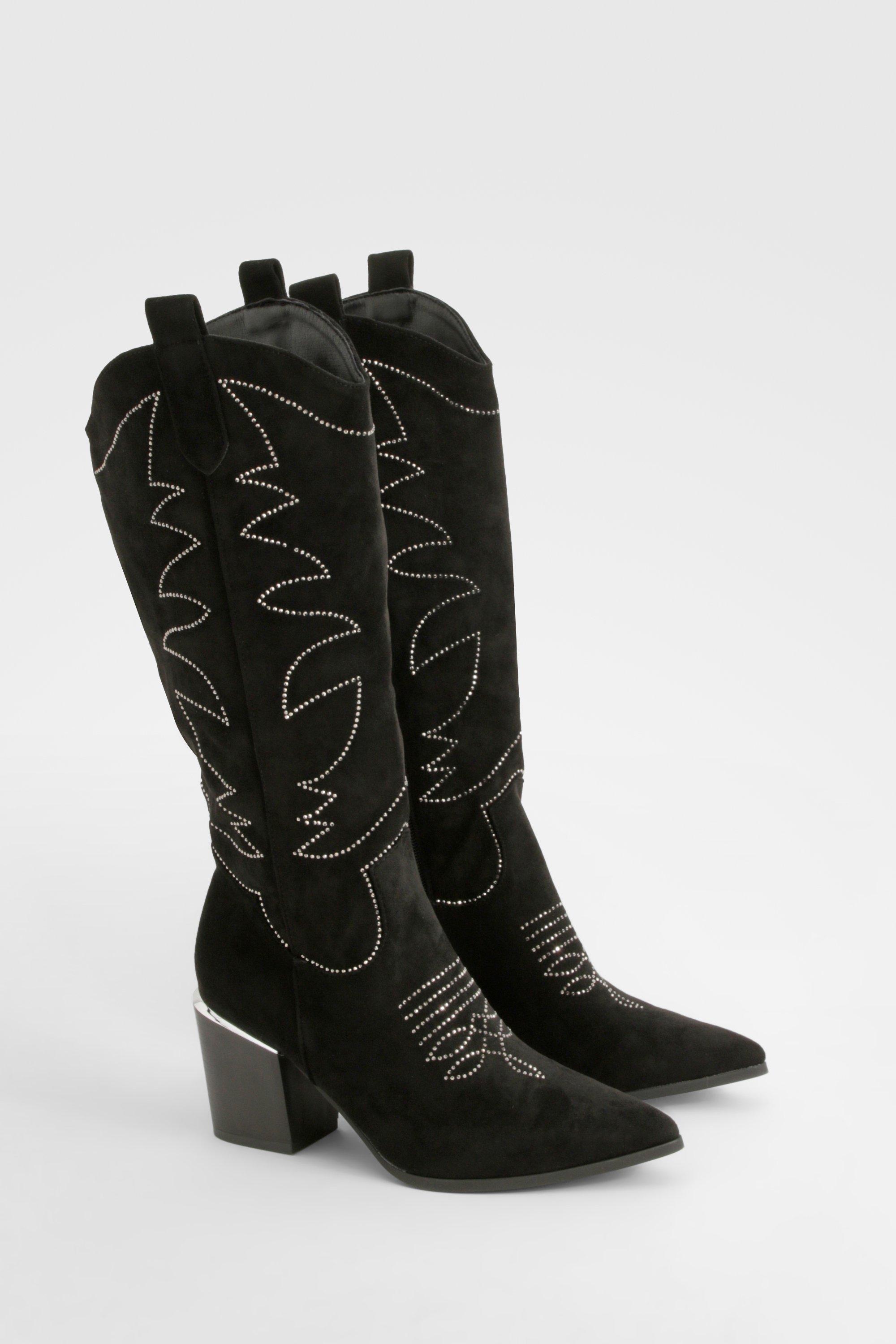 Boohoo Embellished Knee High Western Boots, Black