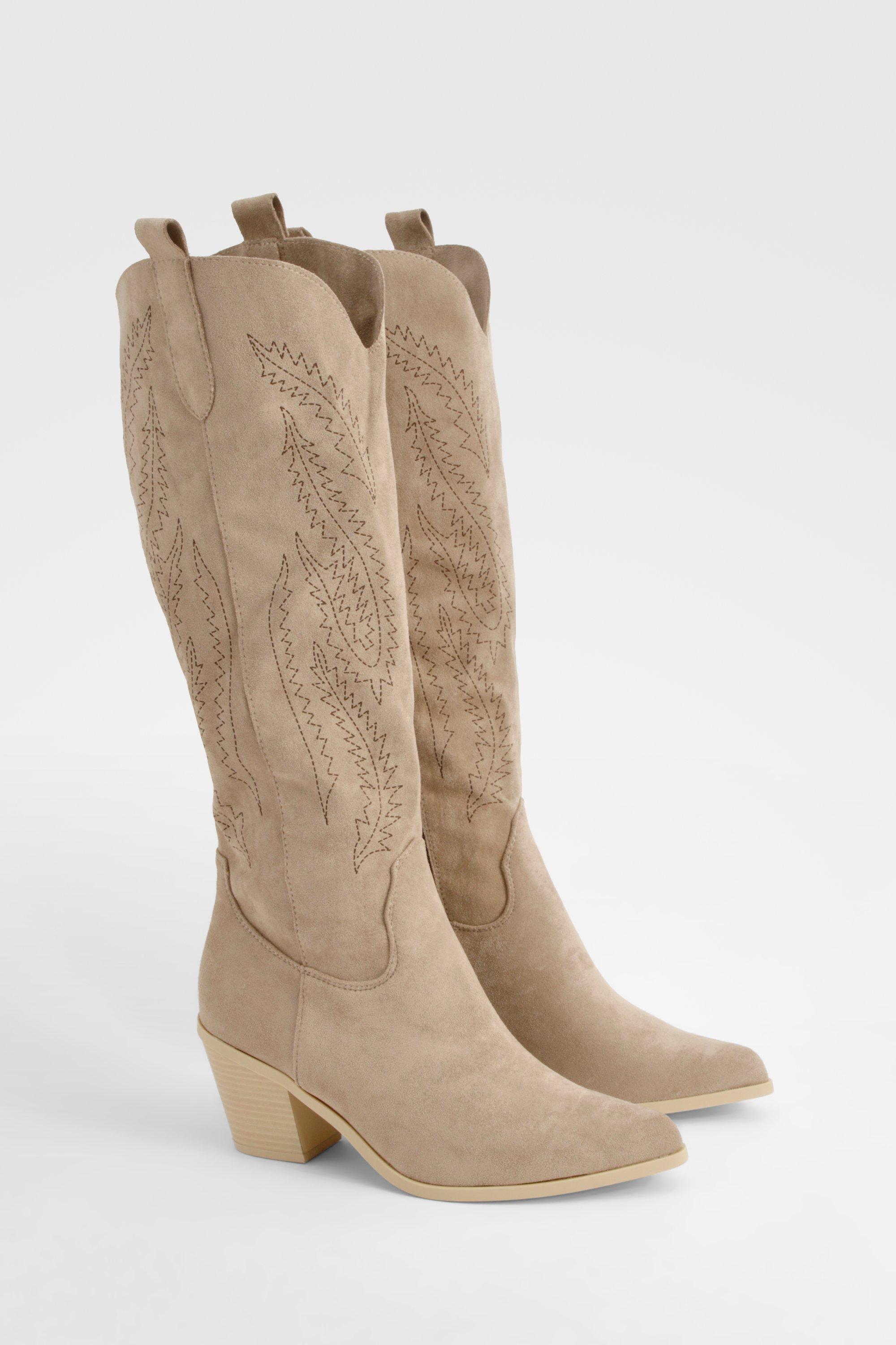 Boohoo Embroidered Calf High Western Boots, Taupe