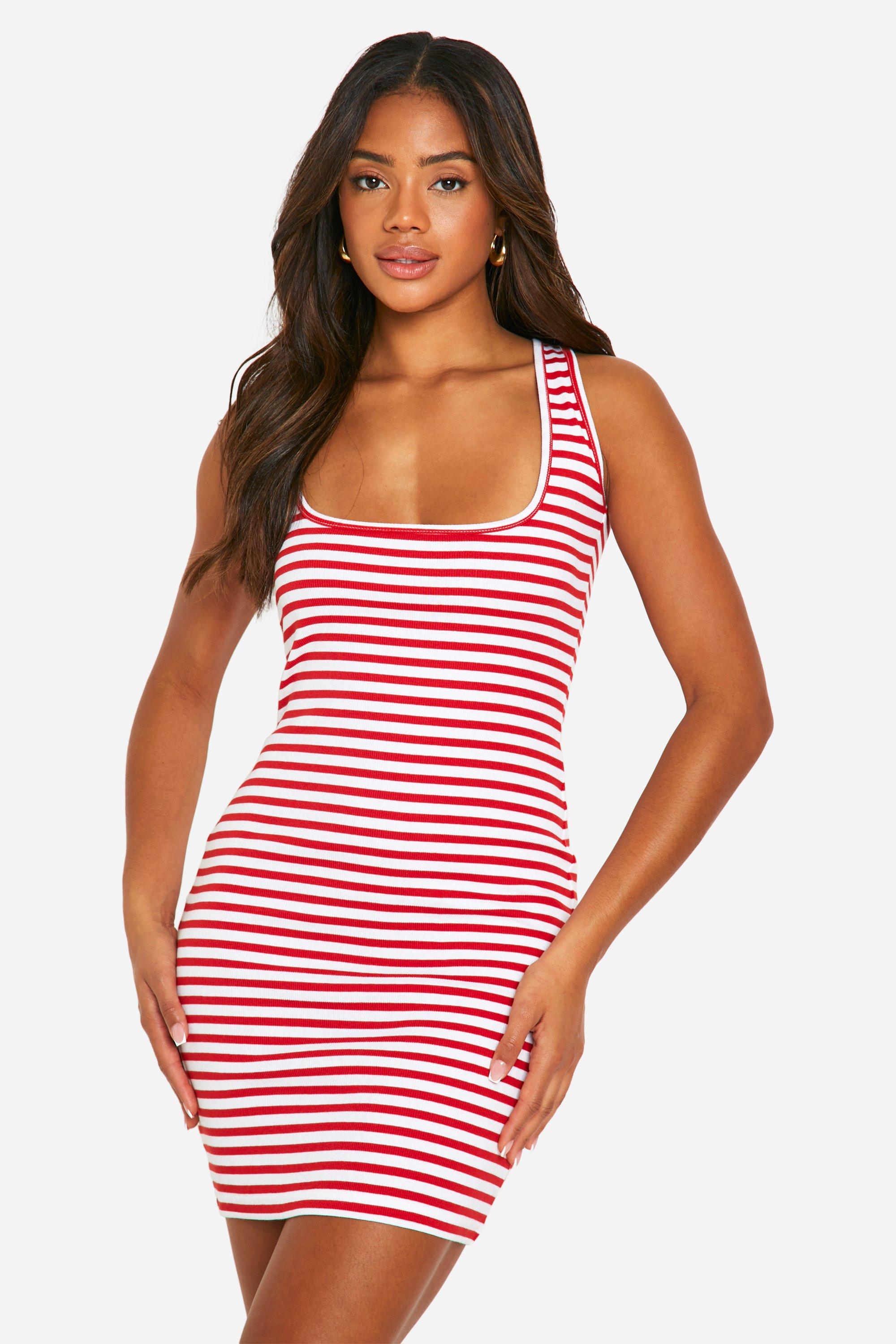 Boohoo Stripe Scoop Neck Mini Dress, Red