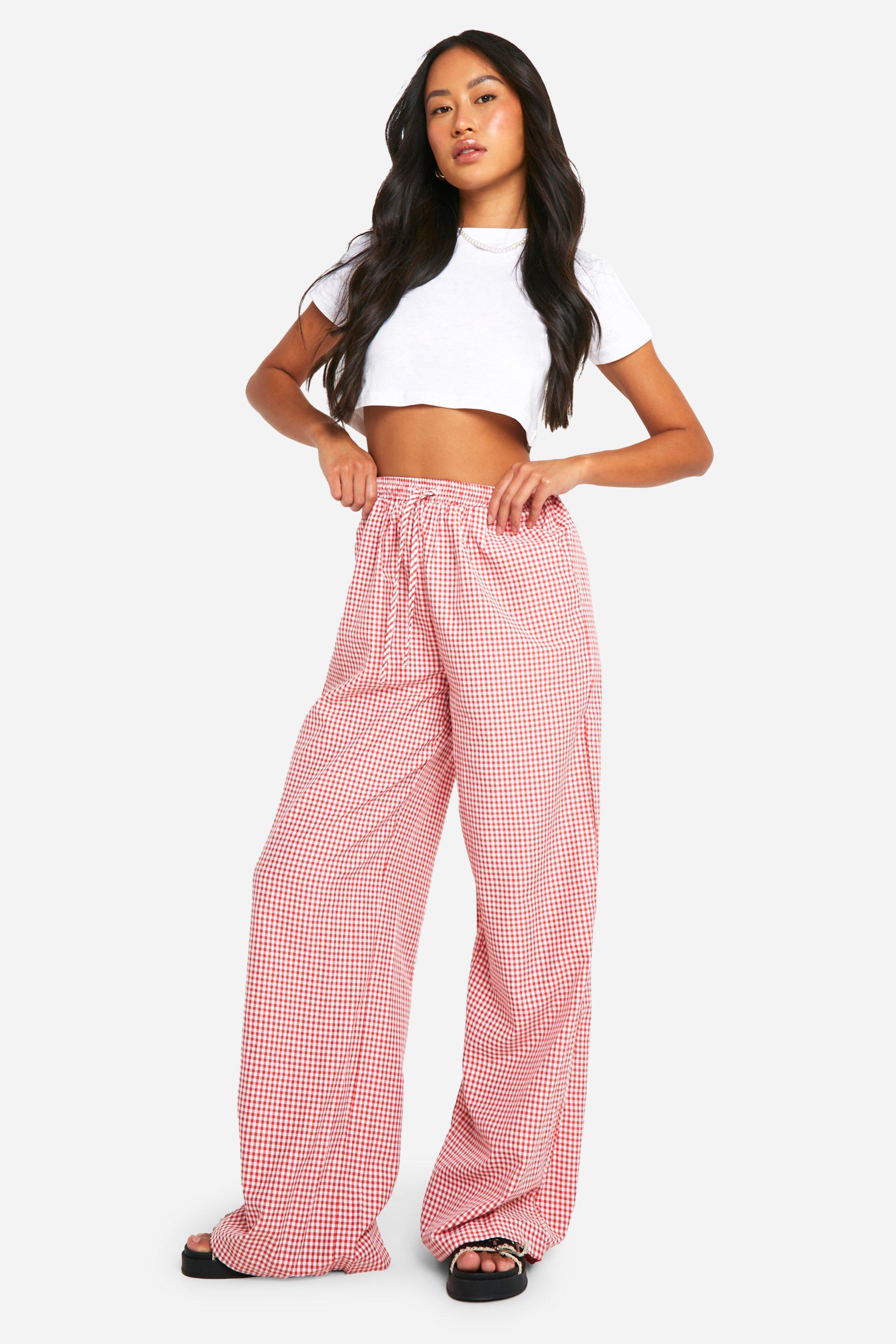 Womens Gingham Wide Leg Drawstring Trouser - Red - 8, Red